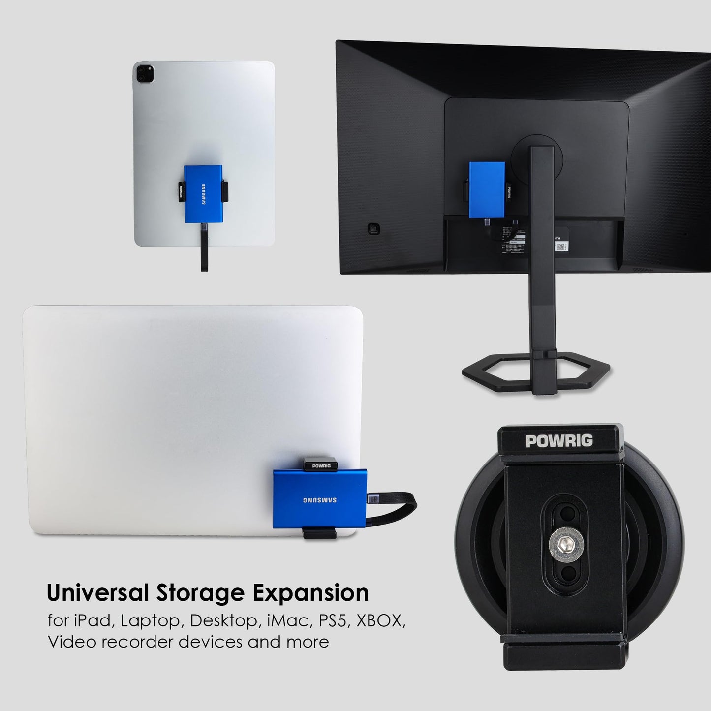 POWRIG Magnetic SSD External Drive Holder Clamp for Samsung T5/T7/T9, and More - Universal Quick-Release Mount for iPad, Laptop, Desktop, Xbox, PS5