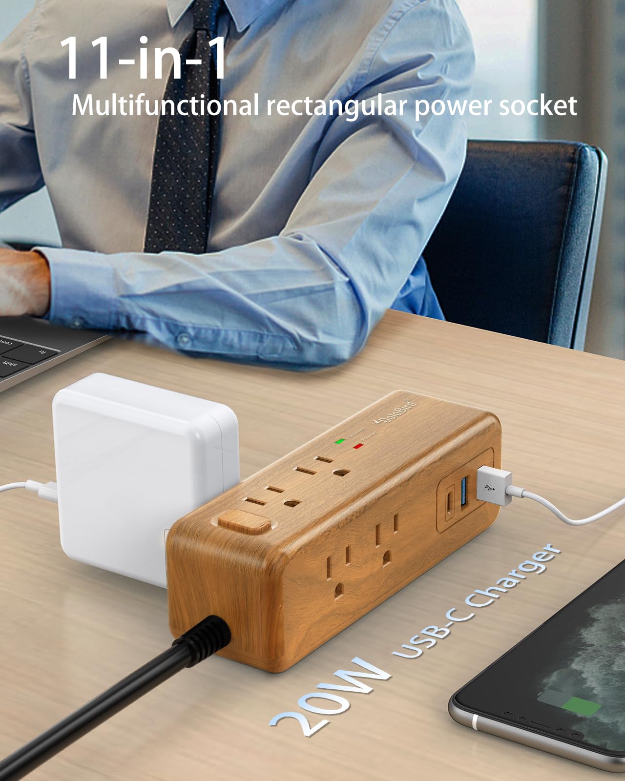 Power Strip Surge Protector 8 Outlet with 2 USB-A+1USB-C Ports Charging Station Long Extention Cord Right Angle Flat Plugs Circuit Breaker for Home