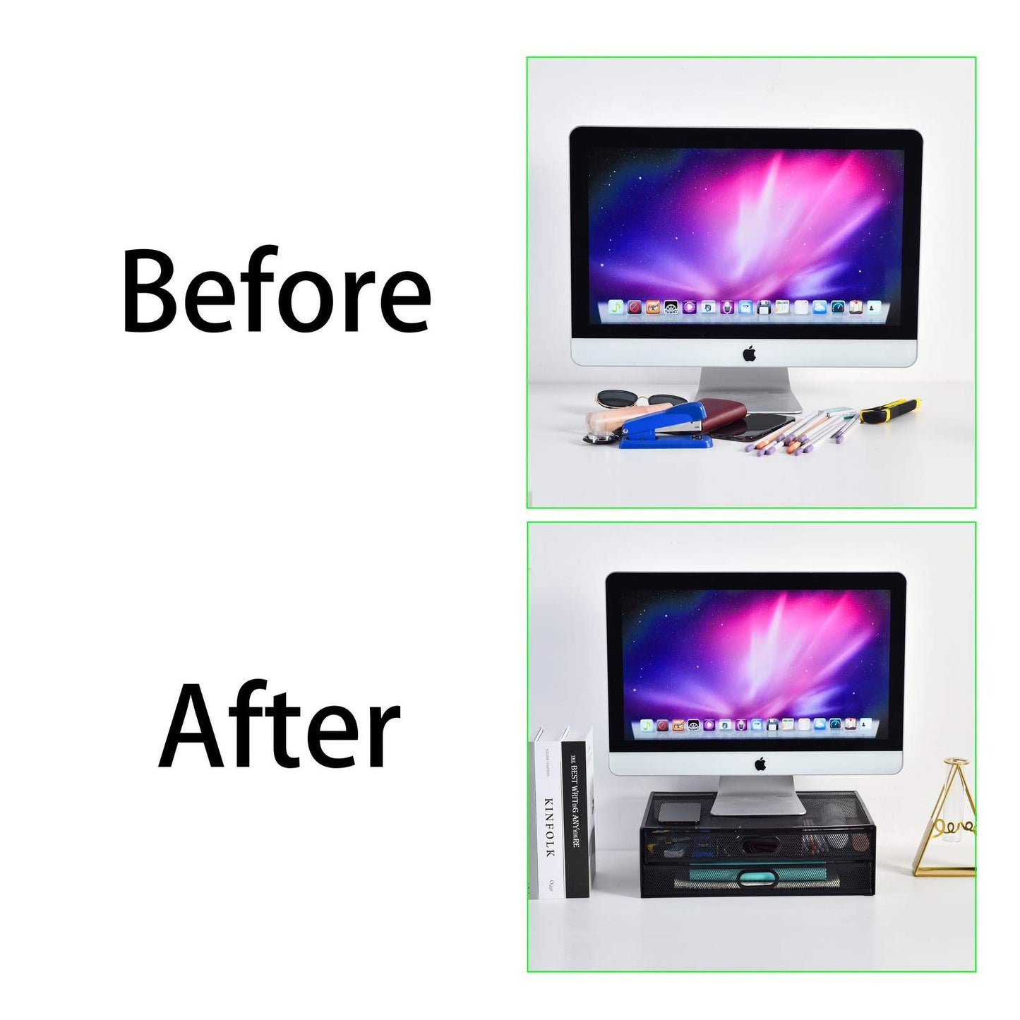 Monitor Stand Riser with Drawer - Metal Mesh Desk Organizer with Dual Pull Out Storage Drawer, Printer Holder with Pull Out Storage Drawe