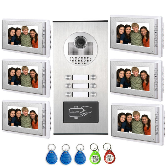 AMOCAM Video Intercom Entry System, Wired 7" LCD Monitor Video Door Phone Kits for 6 Units Apartment, Support Monitoring, Unlock, Dual Way Door