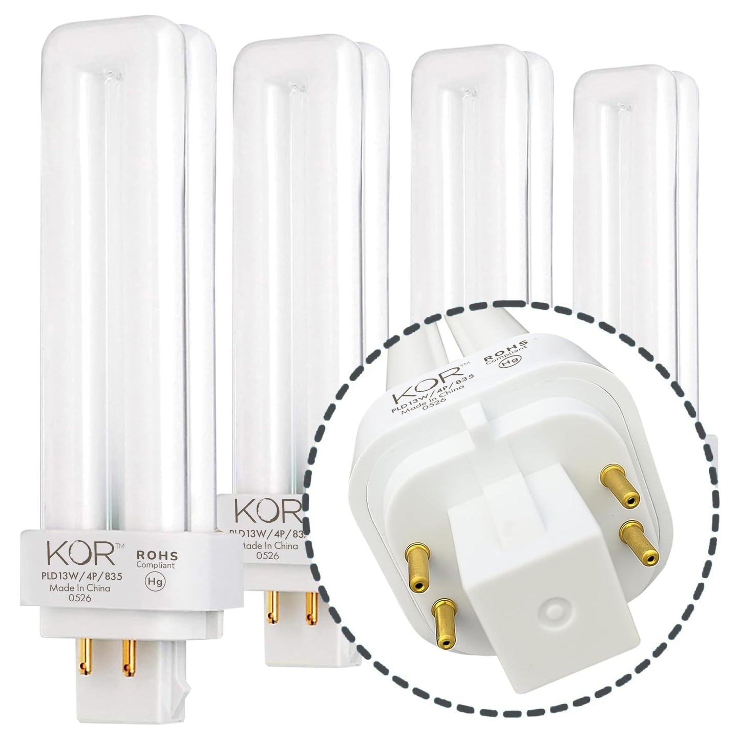 KOR 13W Double Tube CFL Bulbs, G24Q-1 4-Pin, 3500K Neutral White, 4 Pack