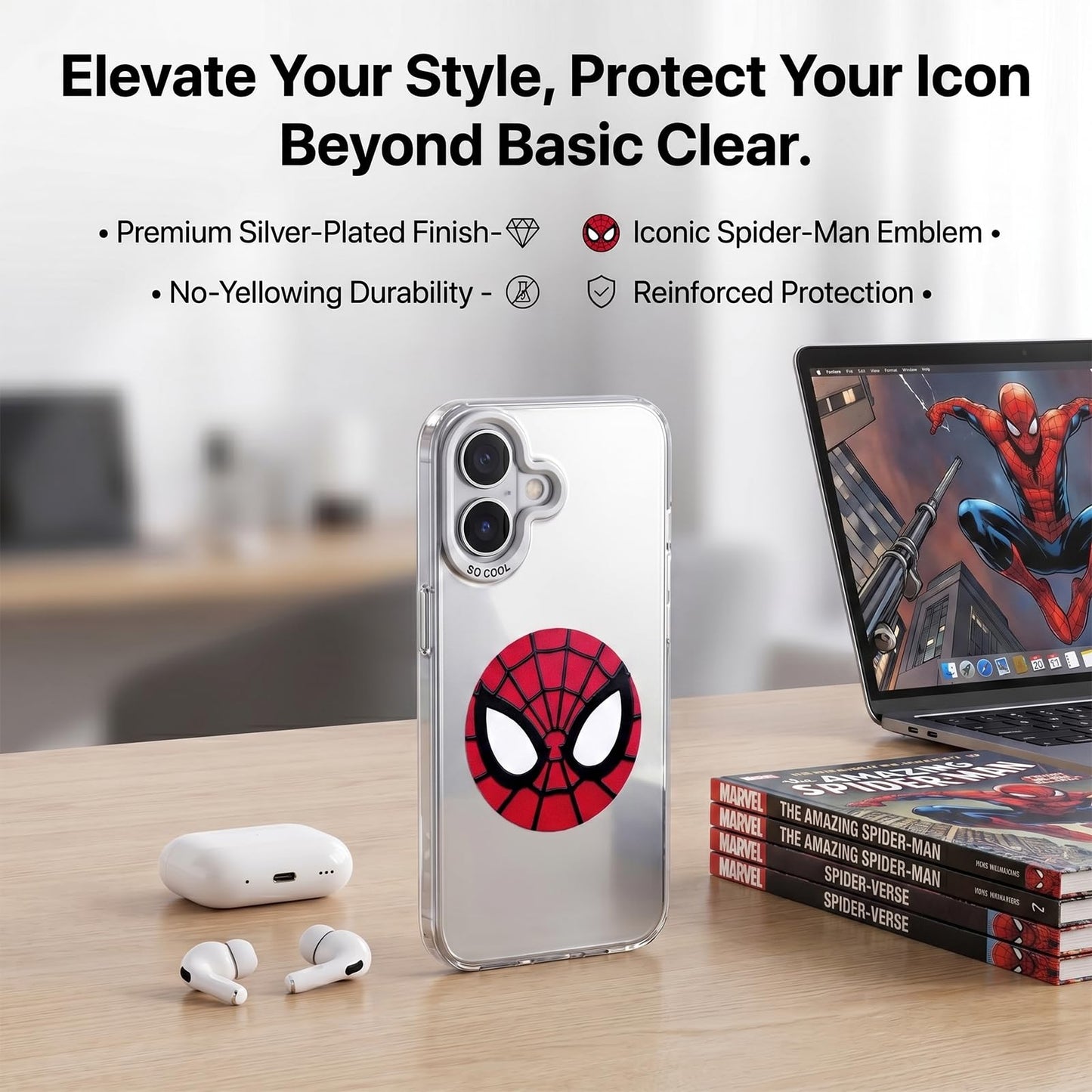 KOYOEY Spider-Man Face Phone Case, Full Protection TPU Phone Cover for iPhone 17, Red Black Superhero Spider Design for Marvel Fans, Silver-Plated