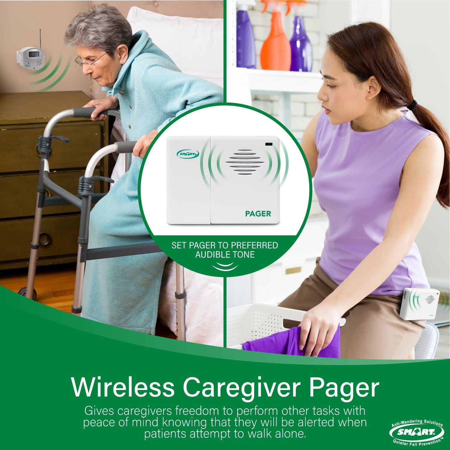 Smart Caregiver Wireless Motion Sensor Alarm System with Pager for Fall and Wandering Prevention | Mountable Motion Detector Alarm Alerts Medical