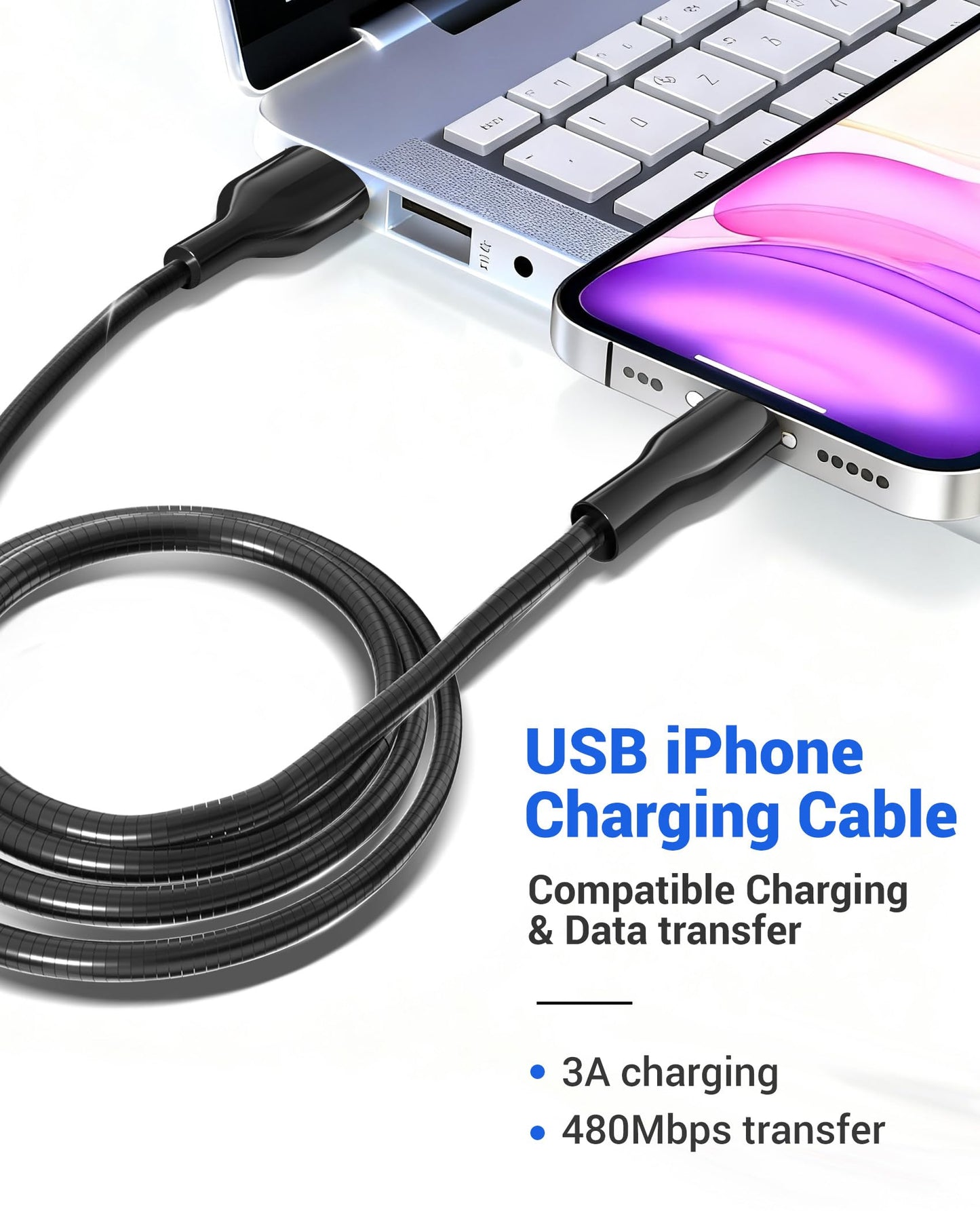 6.6Ft Metal Lightning Cable Chew Proof iPhone Charger Cord - MFi Heavy Duty Metal Braided iPhone Charger Dog Cat Proof Cord with 3A Fast Charging…