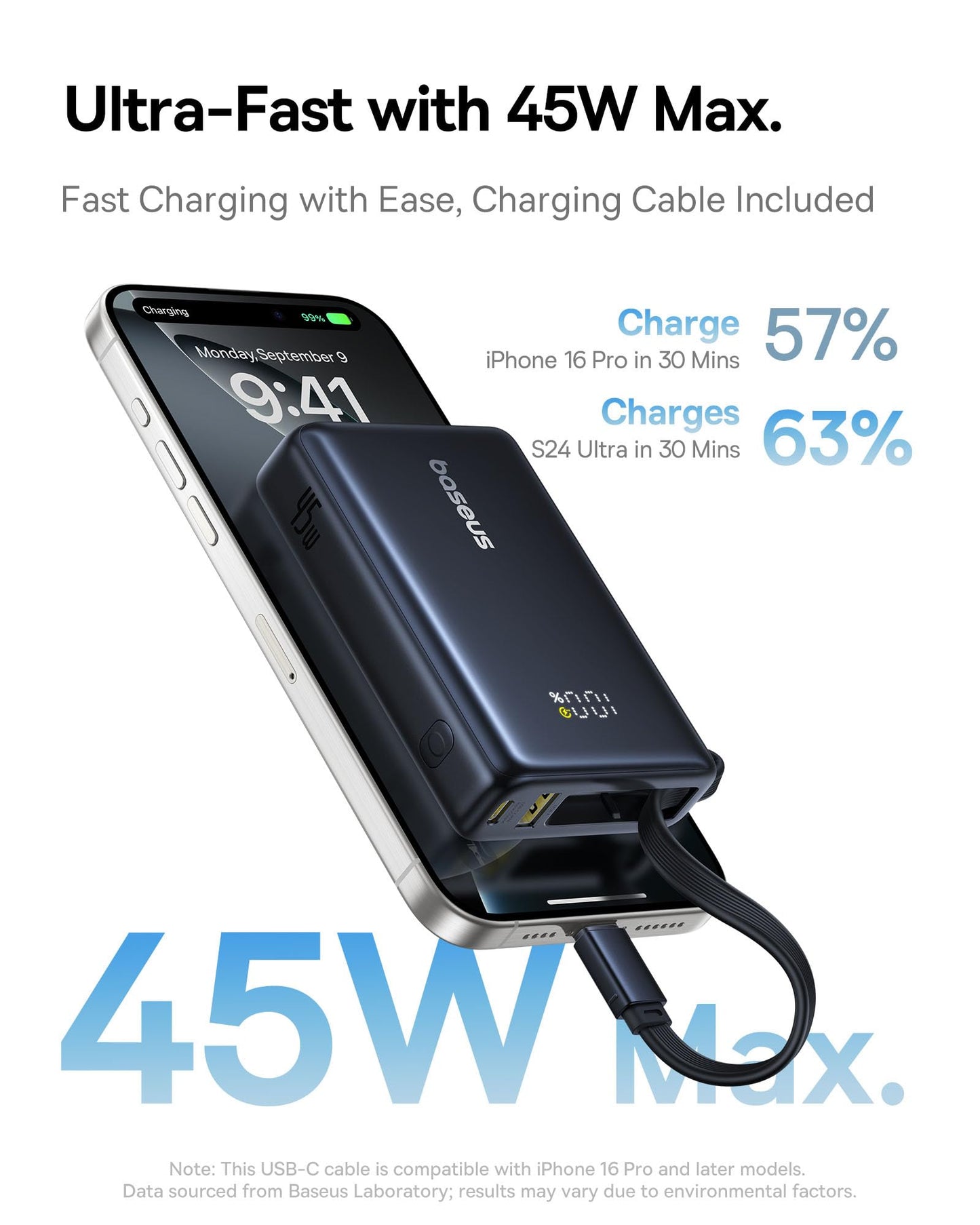 Baseus Power Bank, Picogo 10000mAh 45W 3-Output Portable Charger with Built-in USB-C Cable, PPS/PD QC Fast Charging External Battery Pack for iPhone