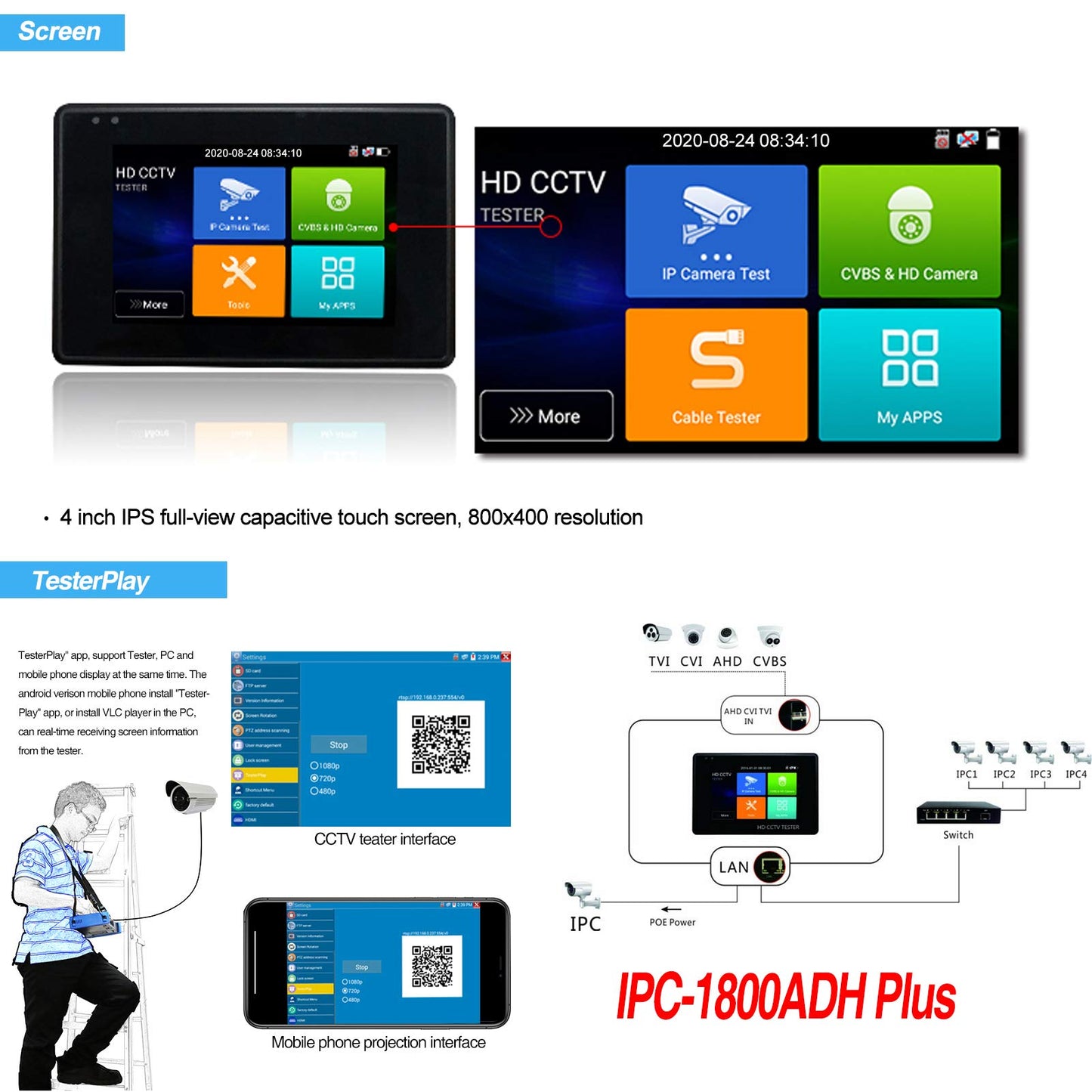 Rsrteng CCTV Camera Tester Support 12MP IP Camera 8MP TVI/CVI/AHD Camera CVBS Camera 4-inch IPS Touch Screen Monitor CCTV Tester Support POE PTZ 4K