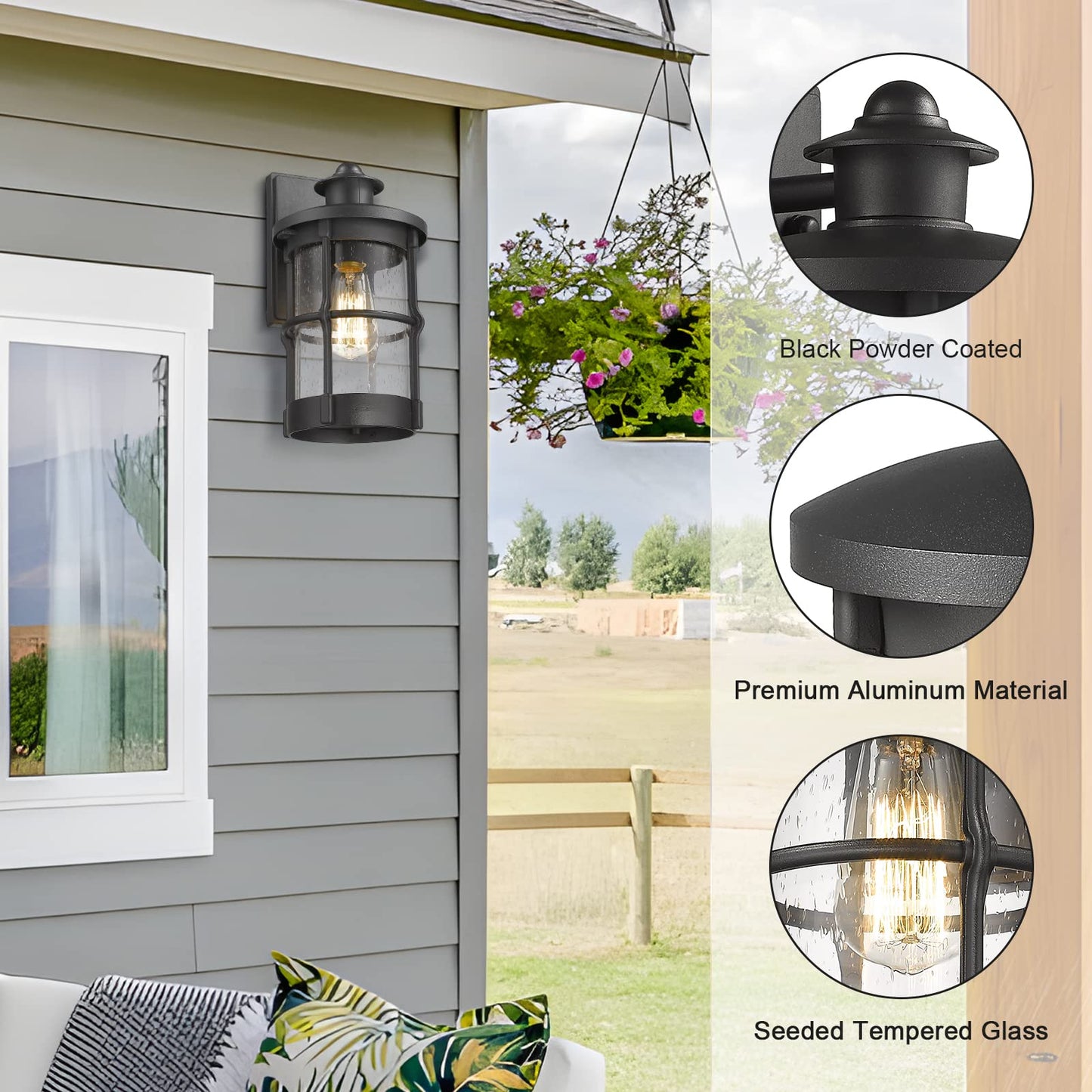 Rosient Outdoor Wall Sconces, Outdoor Wall Lights, Exterior Wall Mount Lighting, Wall Light Fixture in Black Finish with Seeded Glass (Black, 2 Pack)