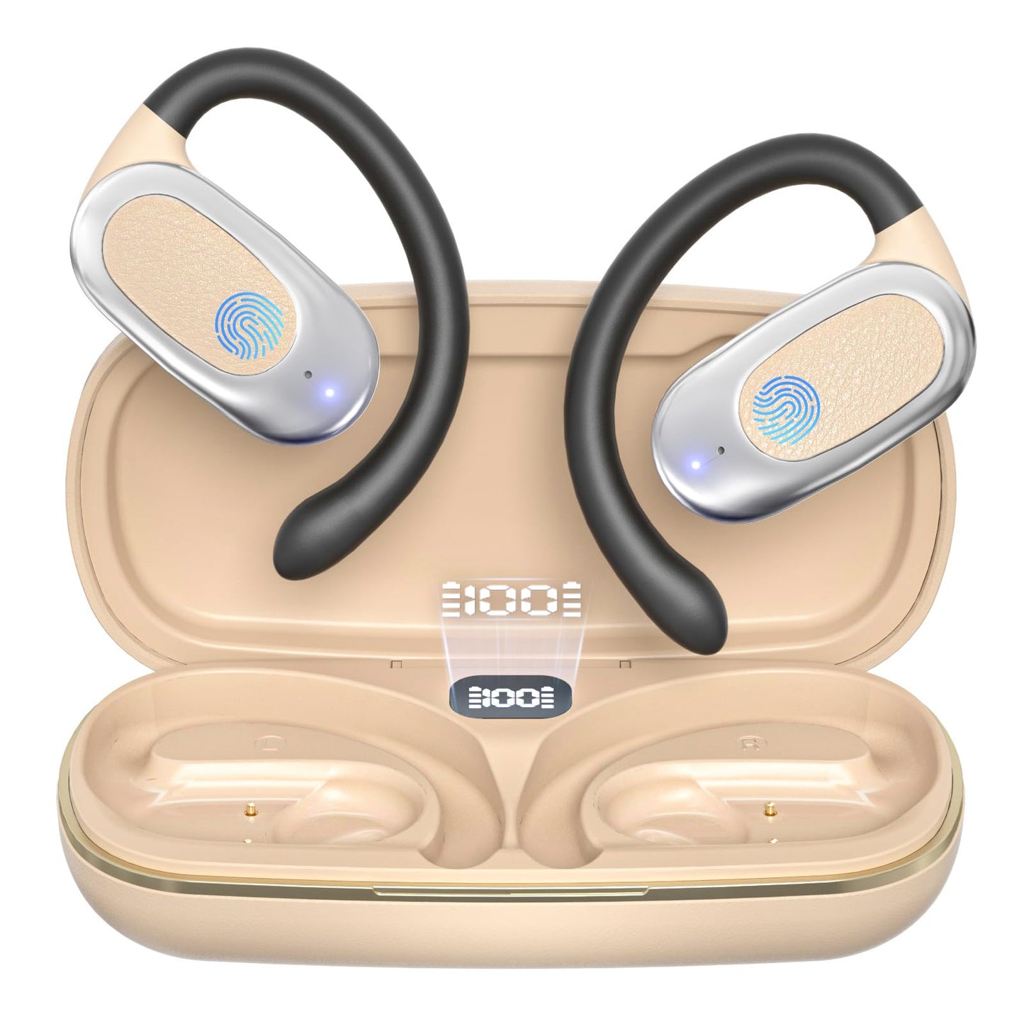 Open Ear Wireless Headphones Air Conduction Earbuds with Mic 42H Playtime Clear Calls LED Digital Display Over Earphones Lightweight Waterproof Secure