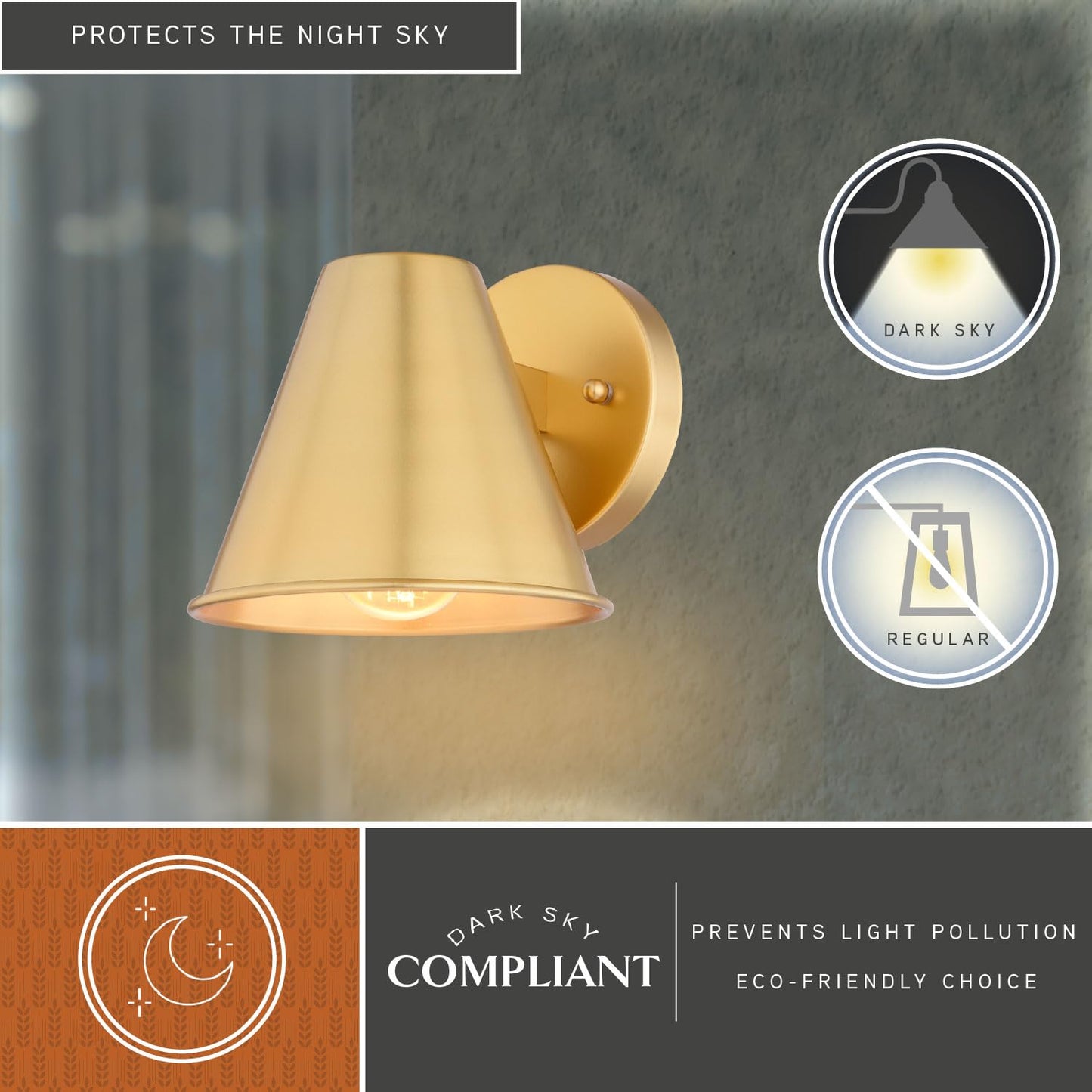 VAXCEL Smith 6.25 in. H 1-Light Gold Contemporary Outdoor Wall Sconce, Durable Steel Metal Cone Shade, LED Compatible, Dark Sky Compliant, Use