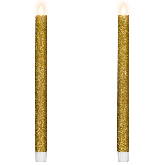 LED Flickering Flameless Taper Glittered Christmas Candles - 11" - Gold - Set of 2