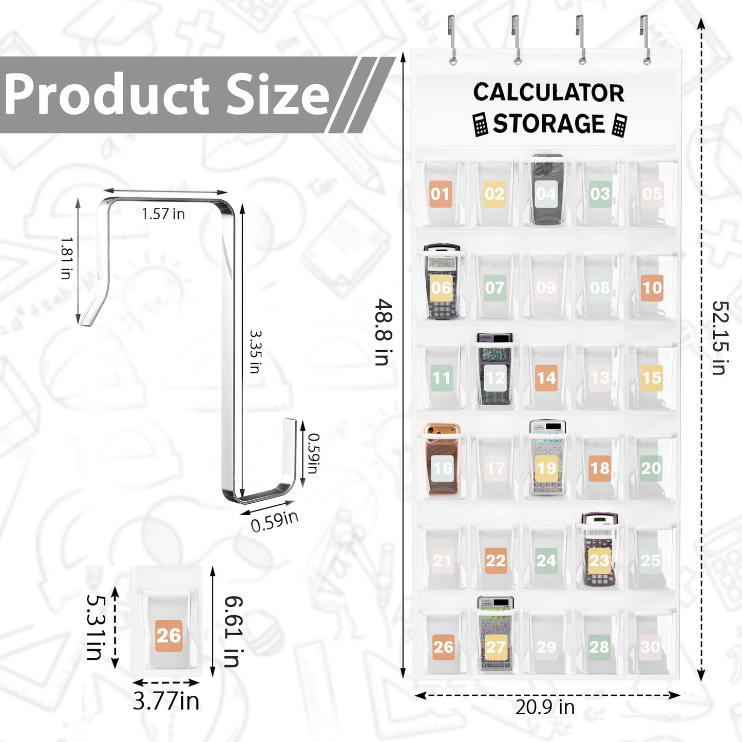 30-Pocket Calculator Holder for Classroom, Hanging Calculator Pocket Chart with Clear PVC Pockets & Numbered Stickers, Calculator Storage Organizer