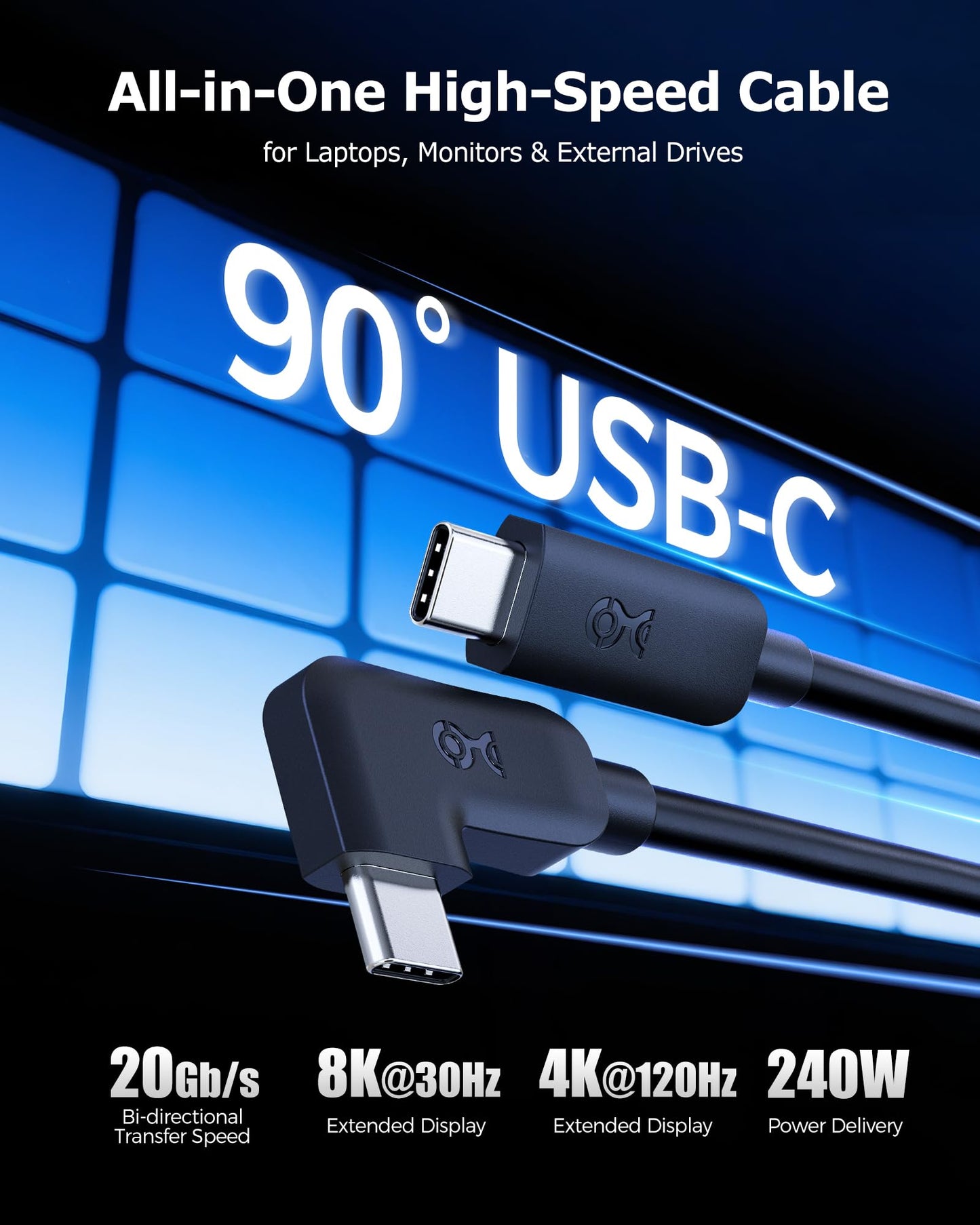 Cable Matters 20Gbps Right Angle USB C Cable - 6ft, Supports Up to [8K@30Hz / 4K@120Hz Video, 240W Charging, 20Gbps Data Transfer] 90 Degree USB C