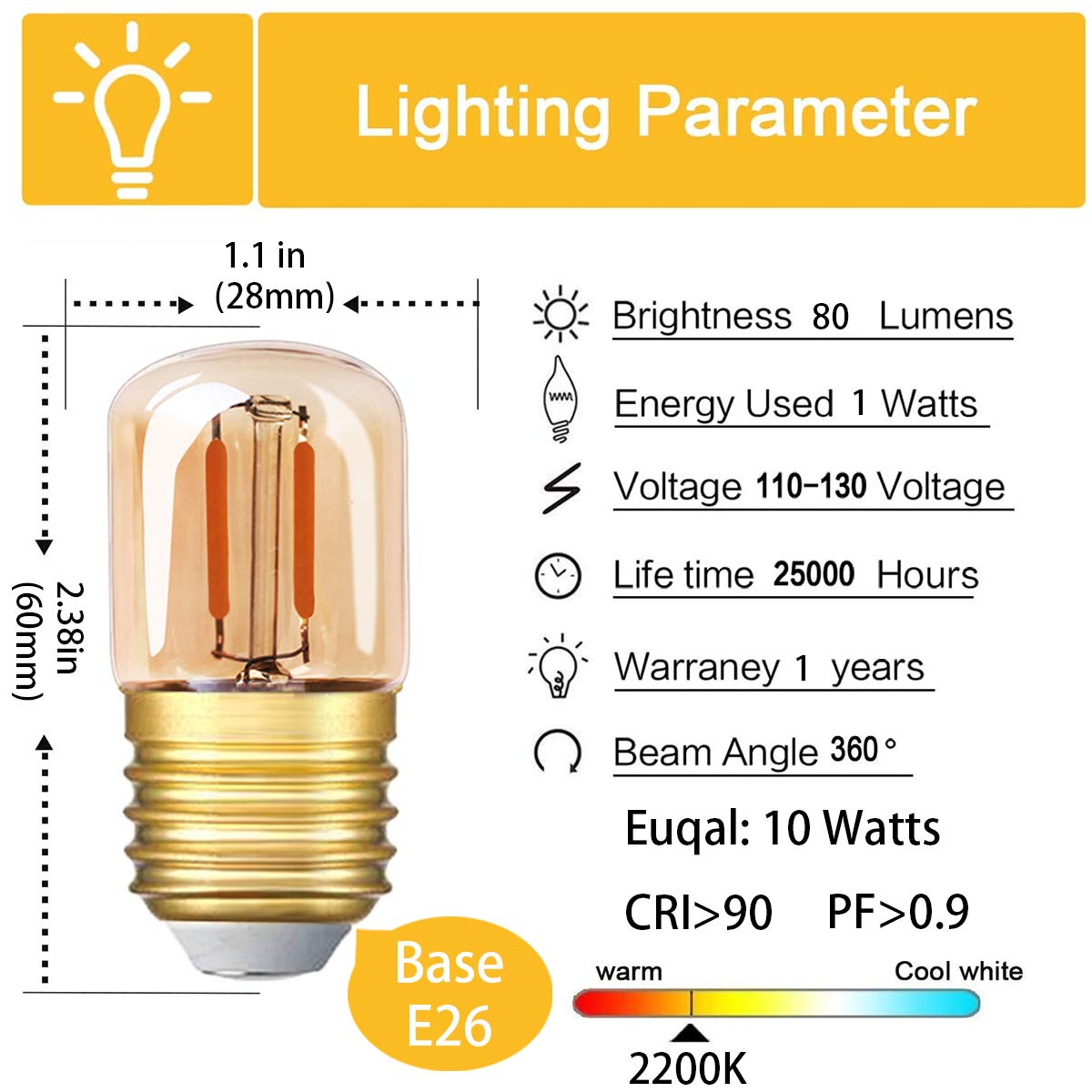 E26 Low Wattage LED Light Bulb 1W Equval 10Watt Replace Refrigerator