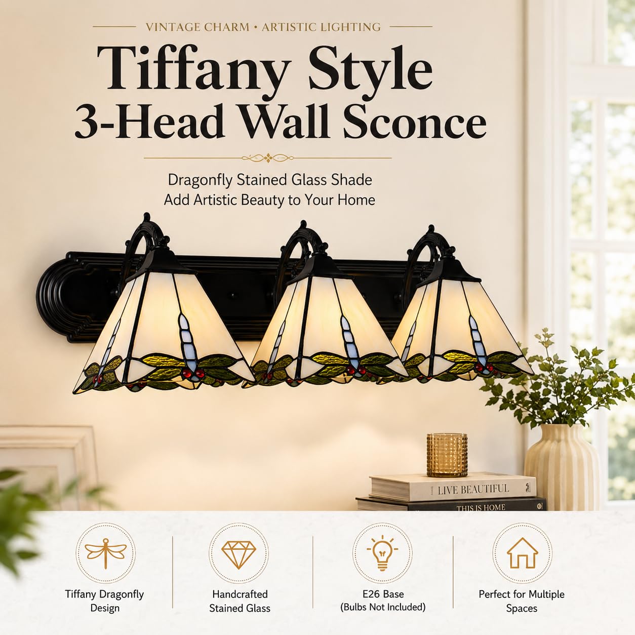 Kaichenyt Tiffany Style Wall Sconce 3 Heads Vintage Lamp Fixtures with Dragonfly Pattern & Stained Glass Indoor Wall Mounted Light for Bedroom Living
