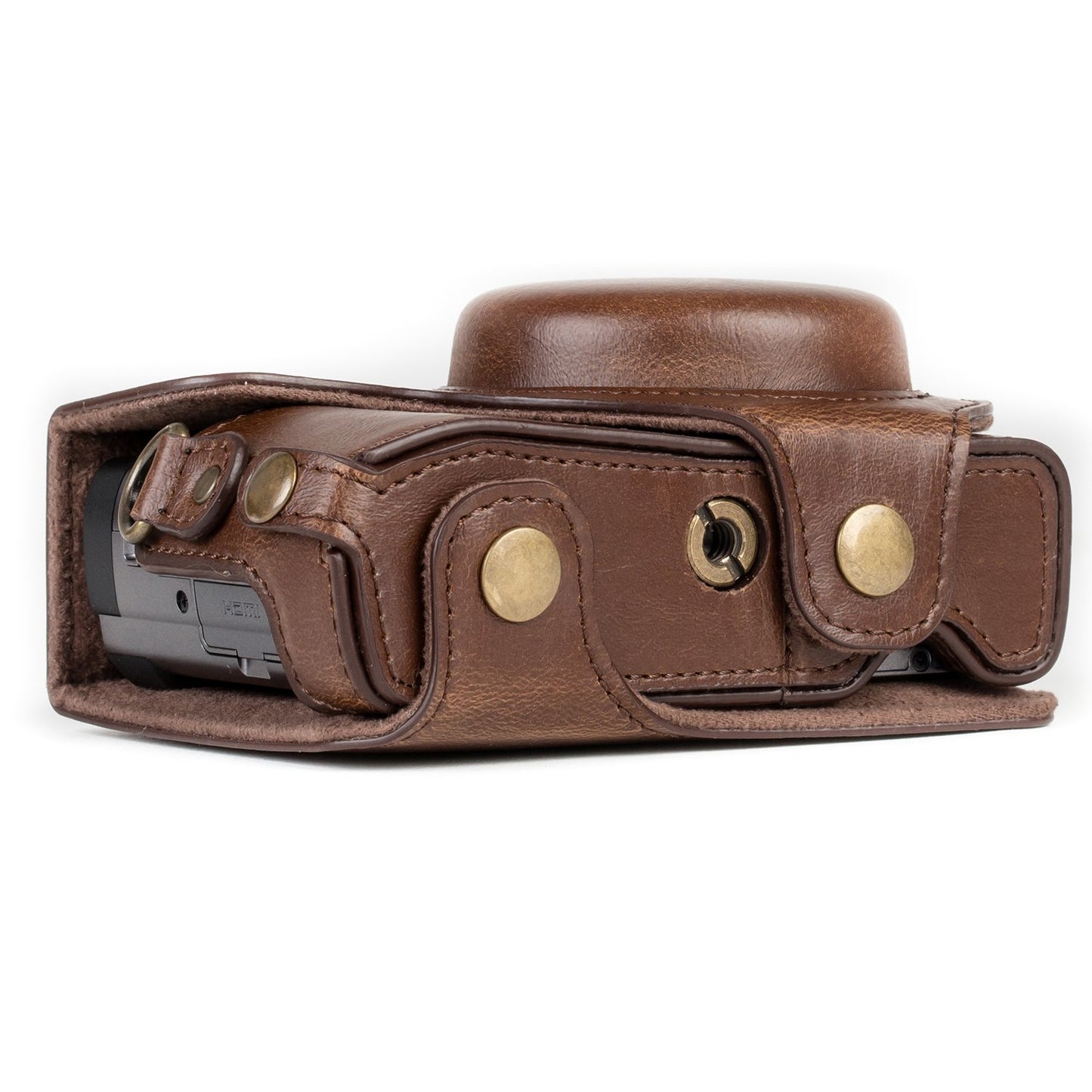 MegaGear MG1259 Ever Ready Leather Camera Case compatible with Panasonic Lumix DC-ZS80, DC-ZS70, DC-TZ95, DC-TZ90 - Dark Brown