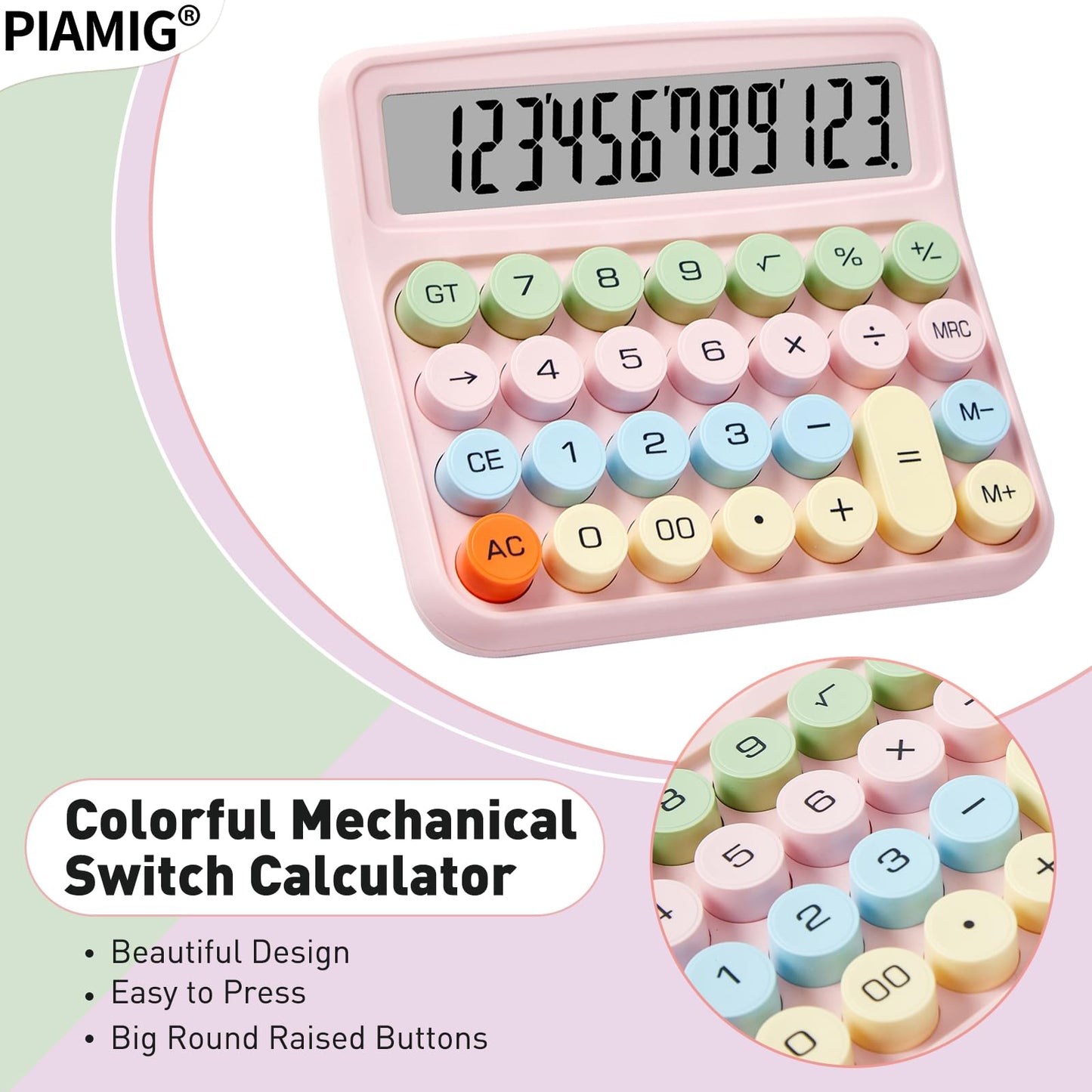 PIAMIG Desktop Calculator with Large LCD Display, 12 Digits Big Button Easy to Use Auto Power Off Basic Calculator for Home, Office & School (Pink)