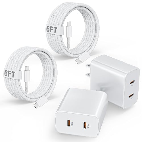 45W iPhone 17 16 Pro Max Charger Fast Charging, 2Pack Dual Port USB C Fast Charger Block with 6FT USB C to C Woven Cable for iPhone 17 Pro Max/17