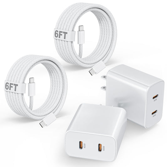 45W iPhone 17 16 Pro Max Charger Fast Charging, 2Pack Dual Port USB C Fast Charger Block with 6FT USB C to C Woven Cable for iPhone 17 Pro Max/17