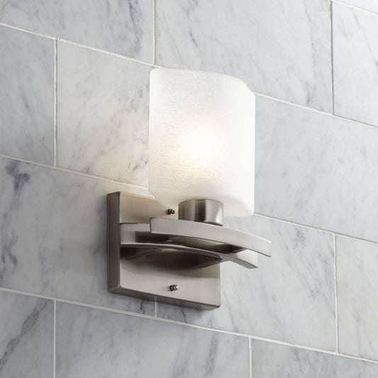 Possini Euro Design Modern Wall Sconce Lighting Brushed Nickel Silver Metal Hardwired 9 1/2" High Fixture White Linen Glass for Bedroom Bedside Living