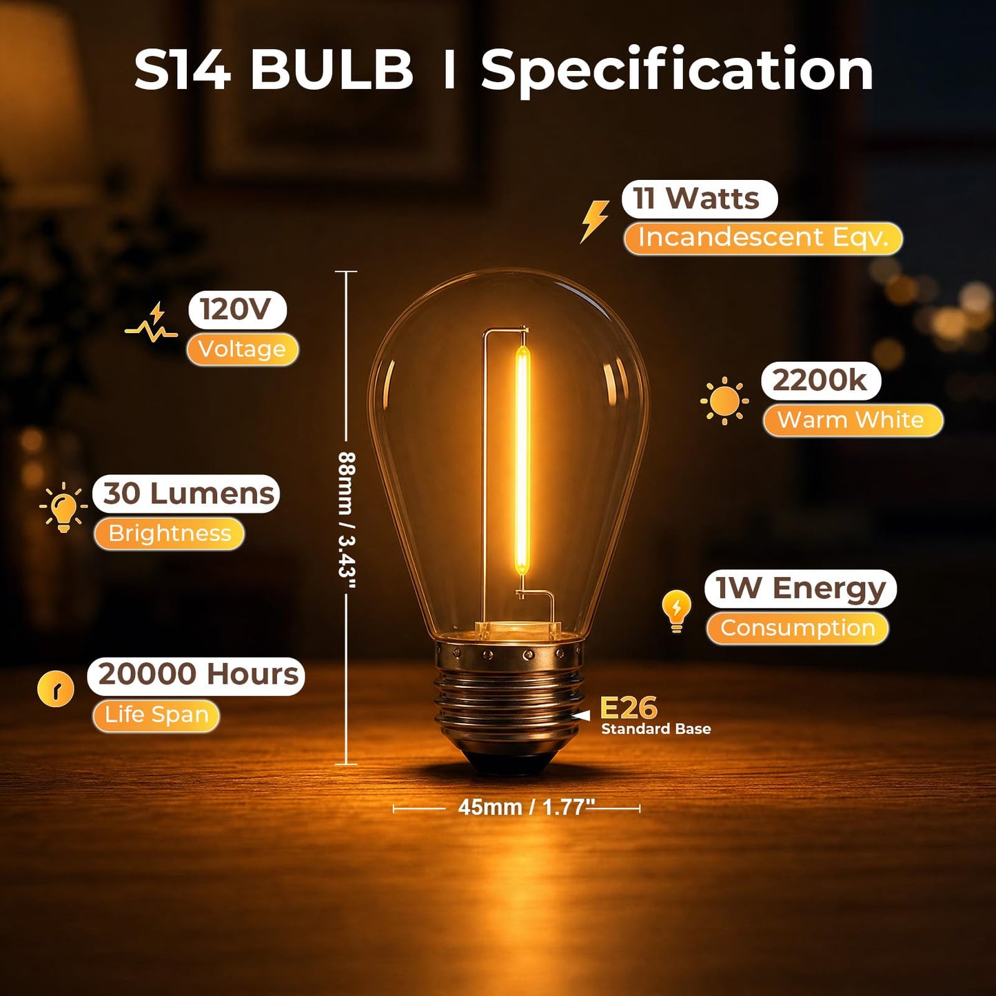 GvvooHome S14 LED Outdoor Light Bulbs, 15 Pack Shatterproof Plastic Light Bulbs for Outdoor String Light, Patio Cafe Decor, E26 Screw Base, Soft White