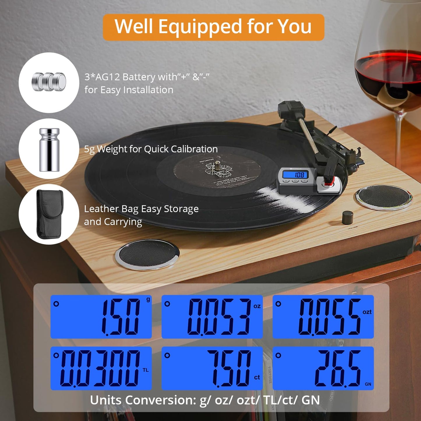Neoteck Digital Turntable Stylus Force Gauge 0.01g/5.00g with Blue LCD Backlight Turntable Stylus Pressure Gauge with 5g Weight & Leather Case