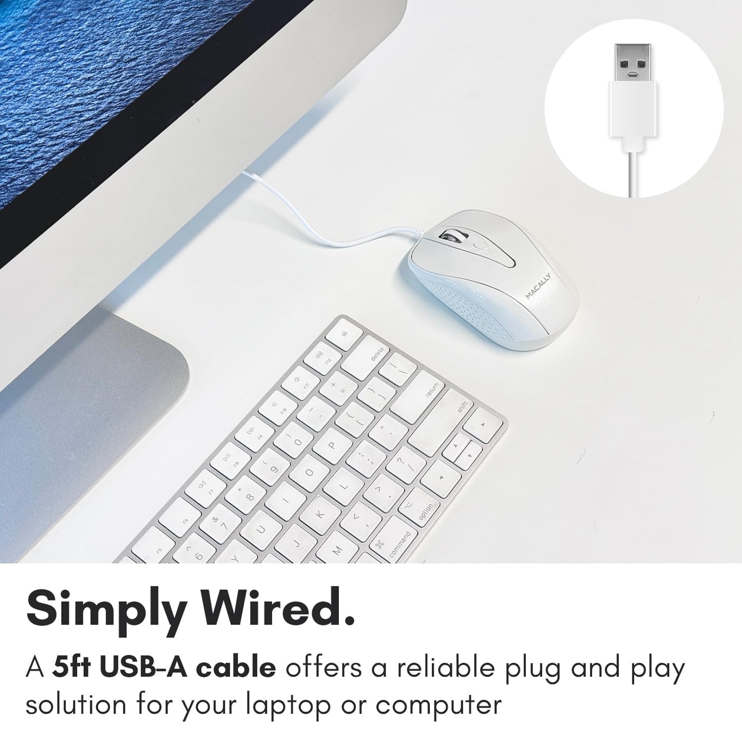 Macally USB Wired Mouse with 3 Button, Scroll Wheel, & 5 Foot Long Cord, USB Mouse for Laptop and Desktop, Computer Mouse Compatible with Apple