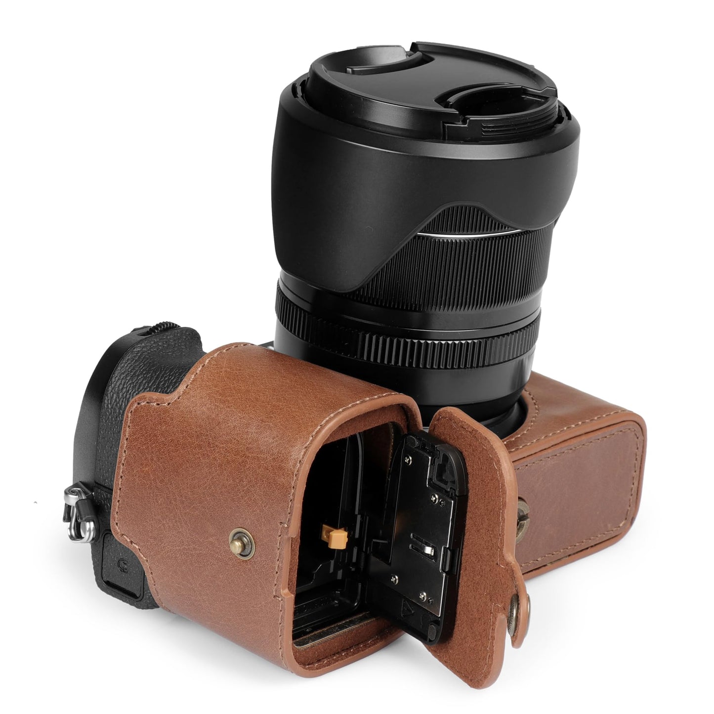 MegaGear Genuine Leather Half Camera Case for Fujifilm X-S20 - Stylish and Protective Digital Photography Bag - Brown