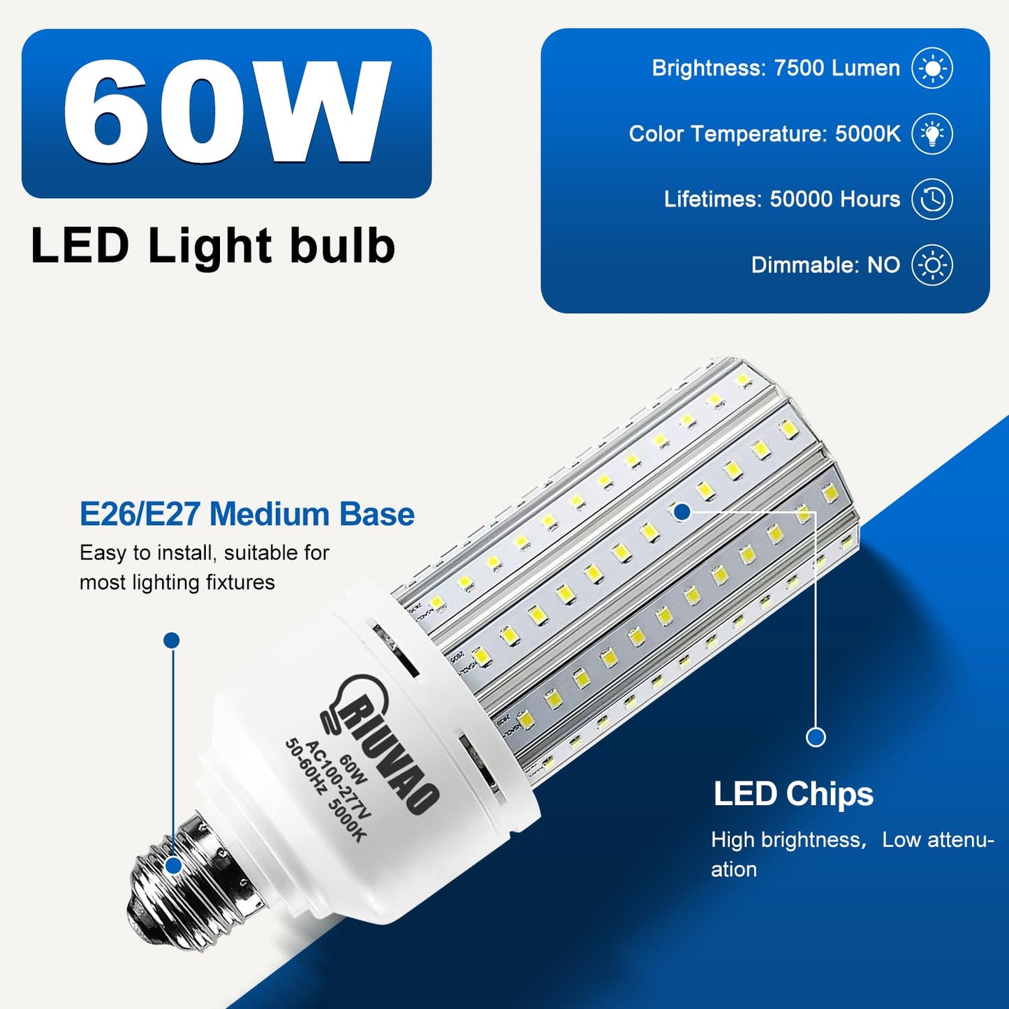 RIUVAO 2 Pack 60W LED Corn Light Bulb 500W Equivalent Bulb 7500 Lumen 5000K Cool Daylight White E26/E27 Medium Base for Outdoor Indoor Large Area