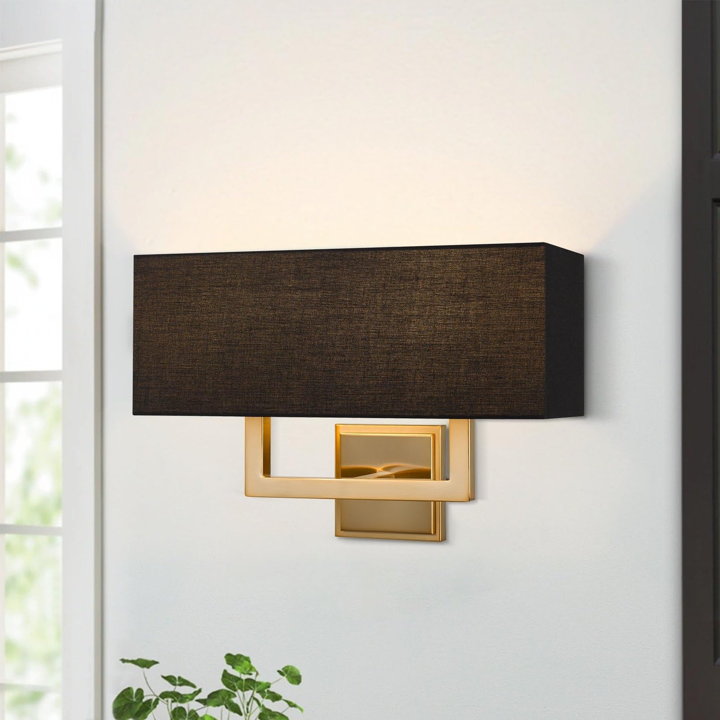 Kira Home Haven 16" 2-Light Modern Gold Wall Sconce with Black Fabric Shade, Mid Century Rectangular Gold Wall Light, Cool Brass Finish