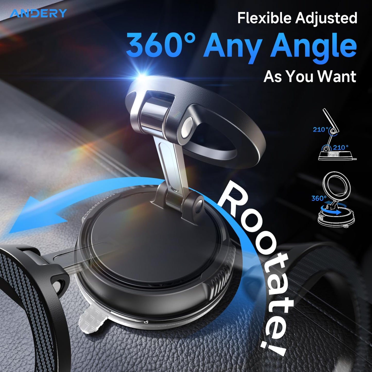 ANDERY Car Phone Holder for Magsafe [78+LBS Strongest Suction & 2400gf Magnetic] 360° Adjustable Car Phone Mount, Phone Holders for Your Car for iPhone 17 Pro Max 16 15 14 13 12 Air Plus, Carbon Fiber