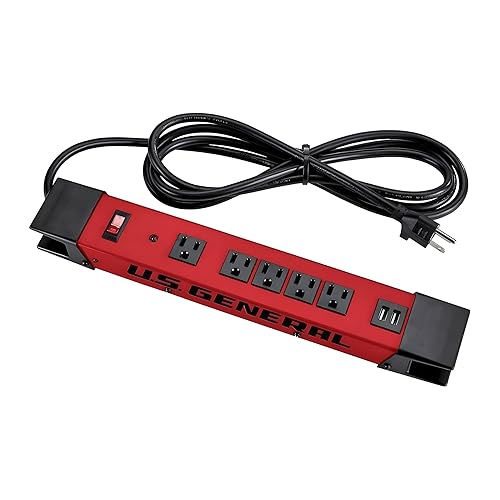 U.S. GENERAL 5-Outlet Heavy Duty Magnetic Power Strip with 2 USB Ports and Lighted on/Off Switch, 8 FT Grounded Power Cord for Garage, Workshop