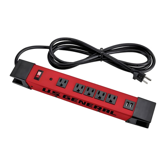 U.S. GENERAL 5-Outlet Heavy Duty Magnetic Power Strip with 2 USB Ports and Lighted on/Off Switch, 8 FT Grounded Power Cord for Garage, Workshop