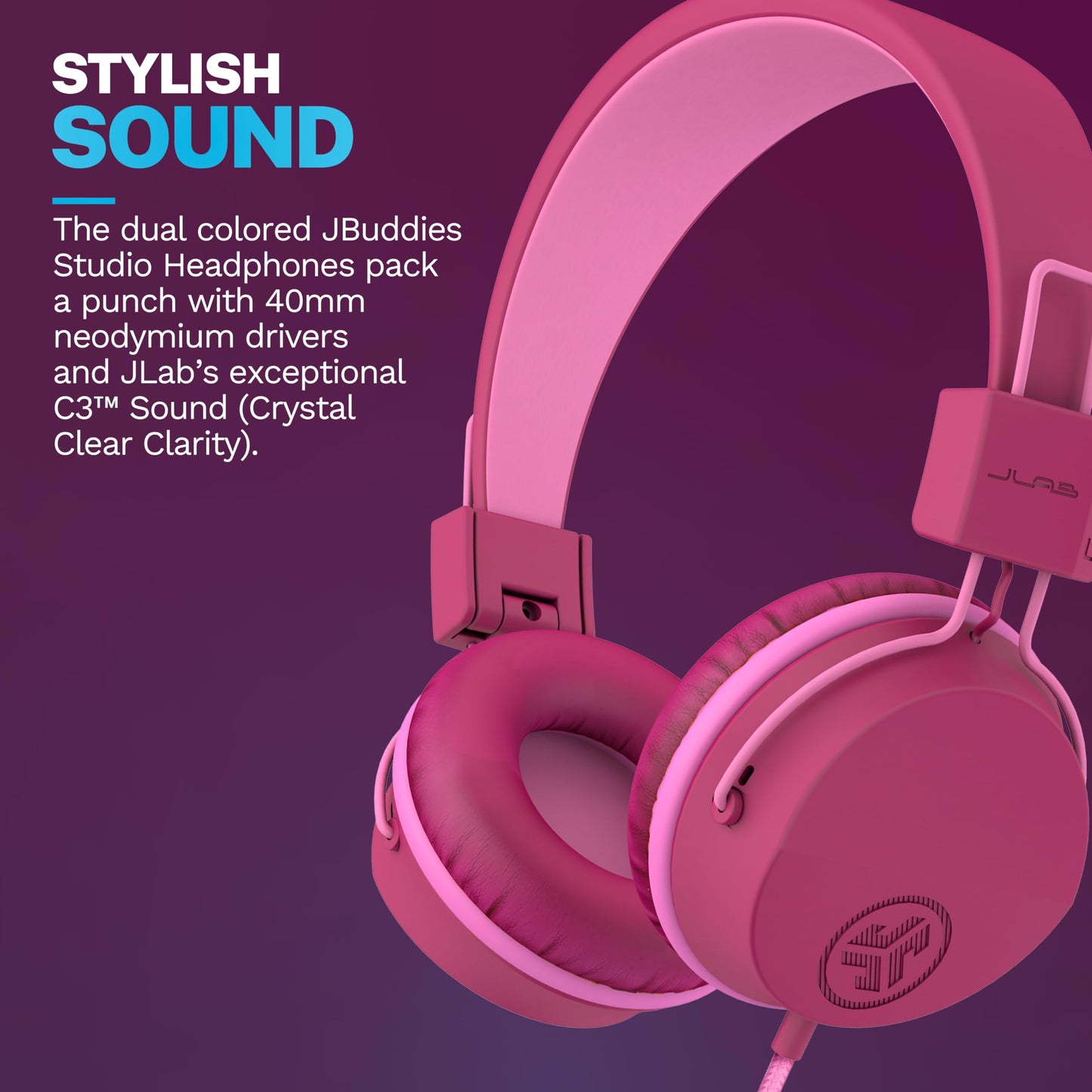 JLab JBuddies Studio on-Ear Kids Wired Headphones with mic, Volume Limiter, Foldable, Adjustable, Dark Pink