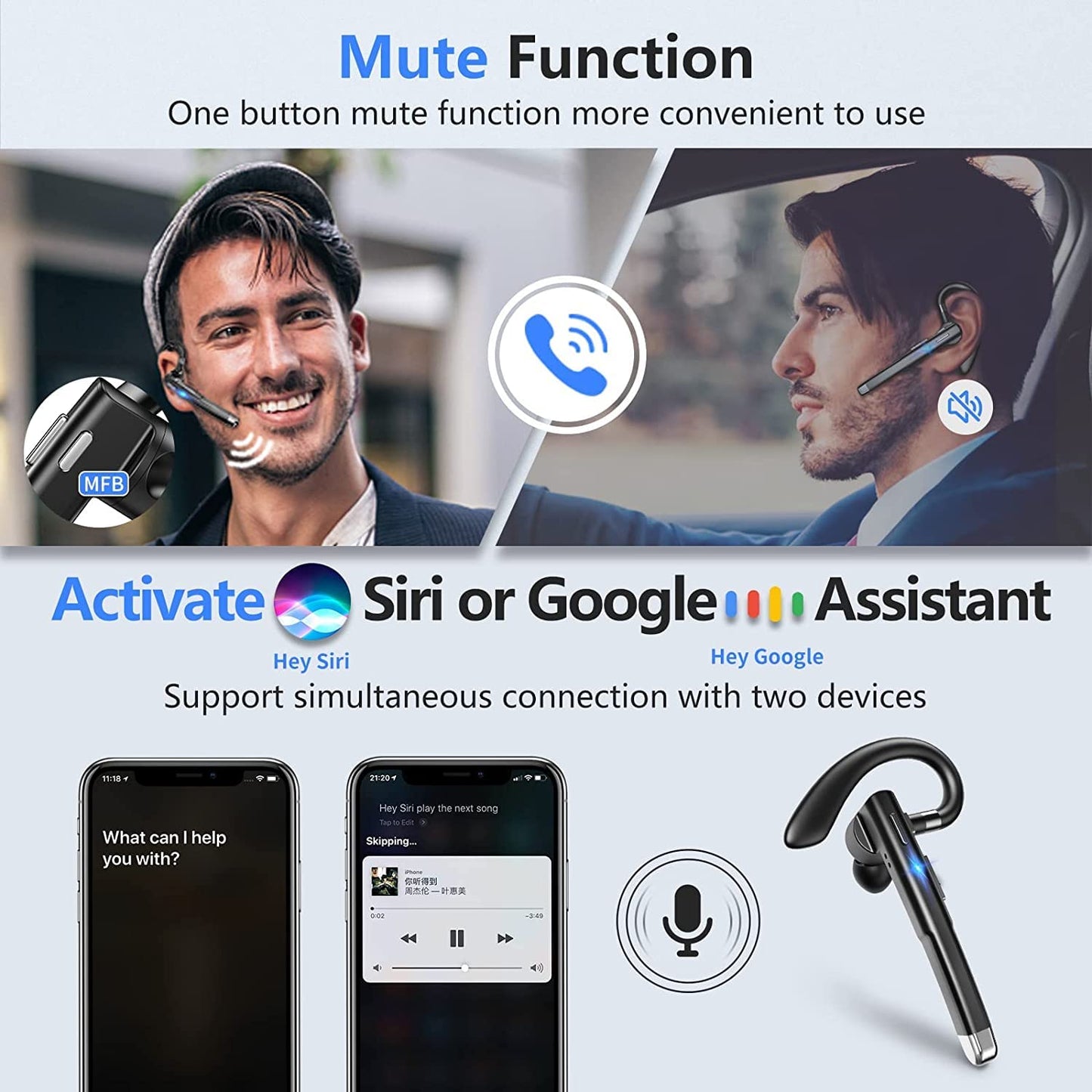 WJBCNEENT Single Bluetooth Headset, Business Wireless Earbud Bluetooth Earpiece V5.3 Hands-Free Earphones with Mic, Compatible for iPhone Cell Phones