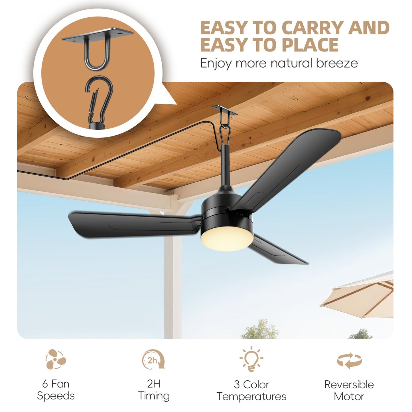 PBLALA Ceiling Fans with Lights,36.5" Plug in Ceiling Fan Light,Gazebo Fan Light,LED Fan Light Hanging with Hook,Hook Type Fan,45W,3000-6500k,Remote