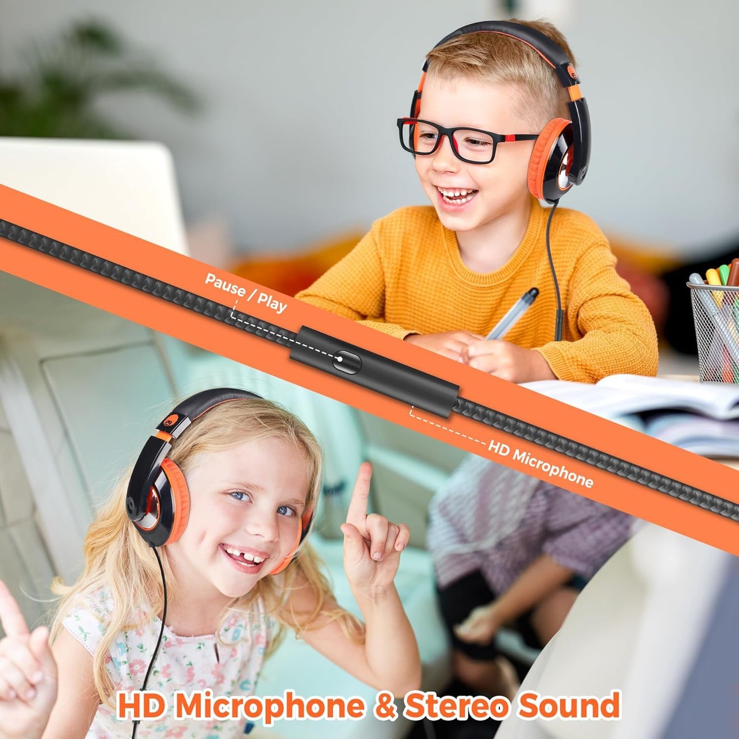 rockpapa Comfort+ Kids Headphones with Microphone, Boys Girls Student Over-Ear Headphones Wired for School Classroom Laptop PC Computer Tablet Black…