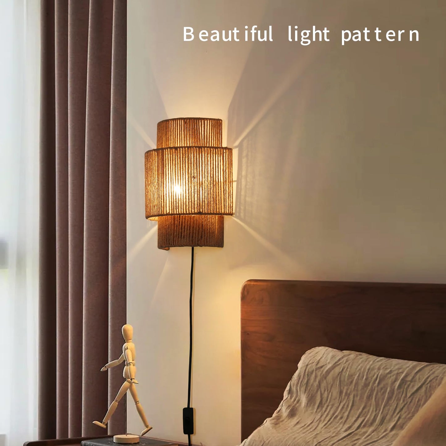 ATALUZ Rattan Farmhouse Plug in Wall sconces for Bedroom, Vintage Fabric Ambient Wall lamp