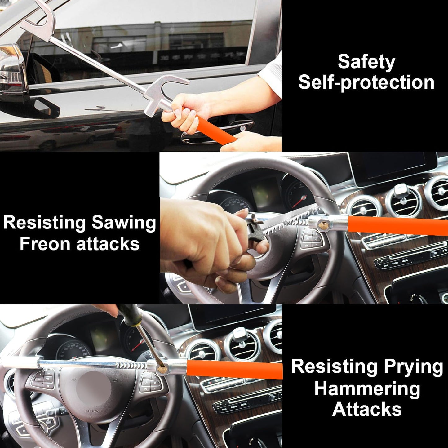 Tevlaphee Steering Wheel Lock, Steering Lock, Car Anti-Theft Device, Adjustable, Universal Fit, Heavy Duty Secure, 3 Keys, Emergency Hammer Window