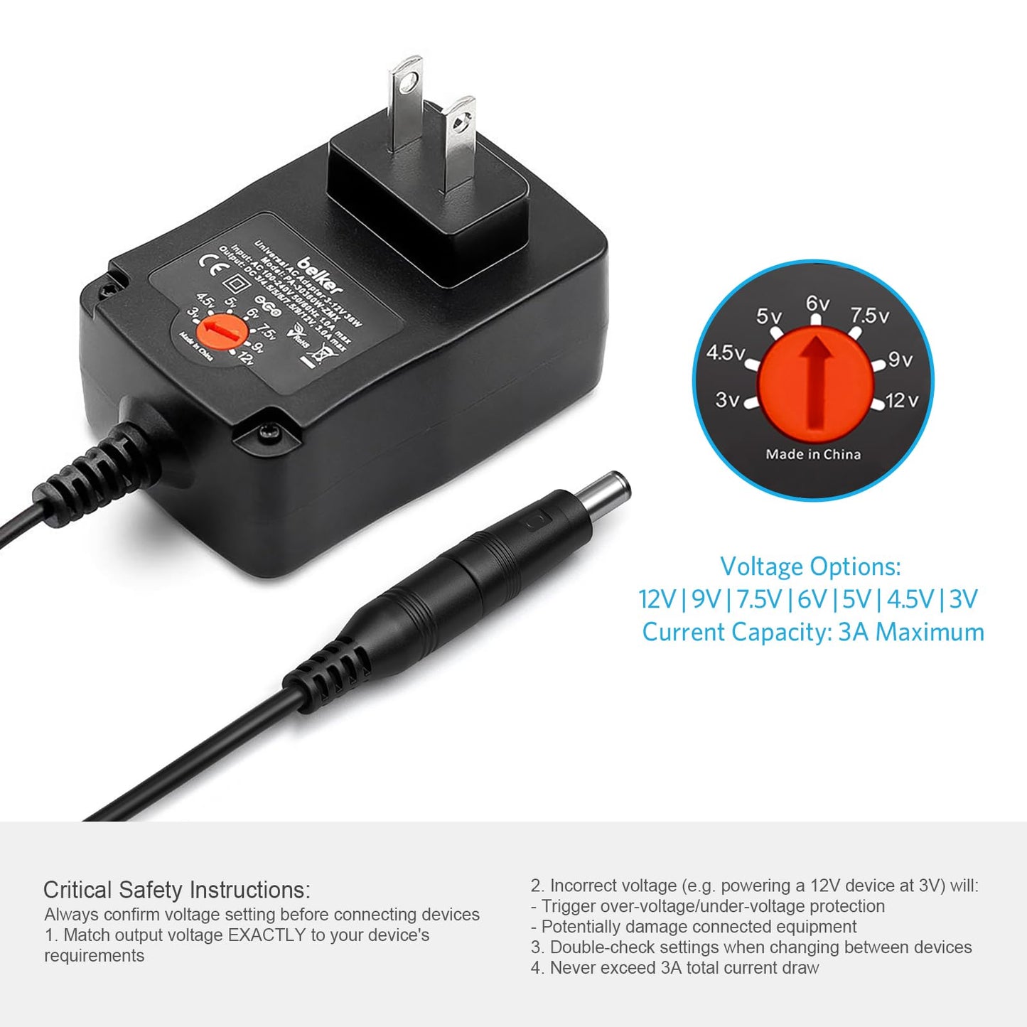 Belker 36W Universal 3V 4.5V 5V 6V 7.5V 9V 12V AC DC Adapter Power Supply for LCD LED Light Strip Router HUB Speaker Smart Phone TV Box 1A 1.5A 2A…