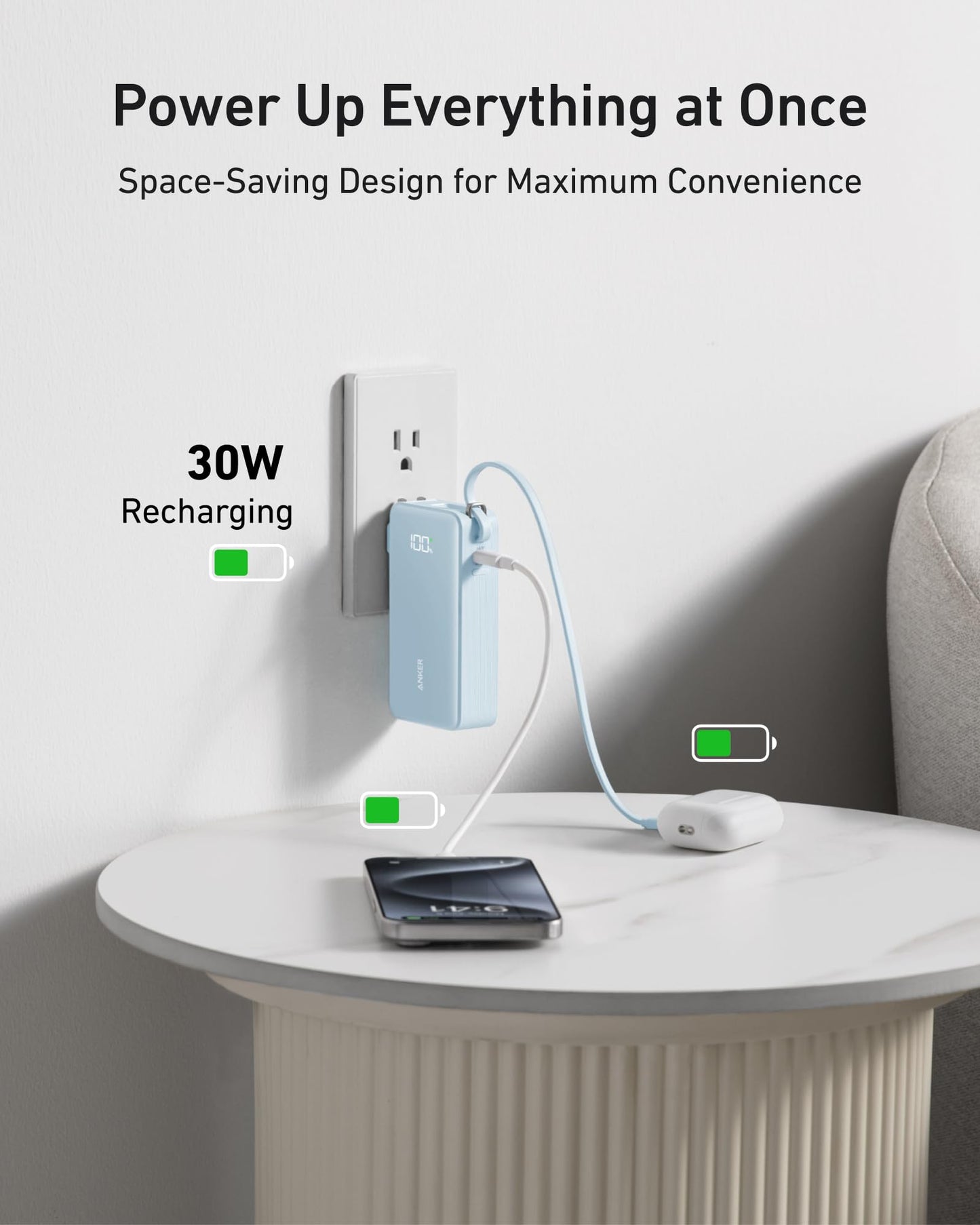 Anker Nano 3-in-1 Portable iPhone Charger, 10,000mAh Power Bank with Built-in USB-C Cable and Foldable Wall Plug, 30W Max Battery Pack, Travel