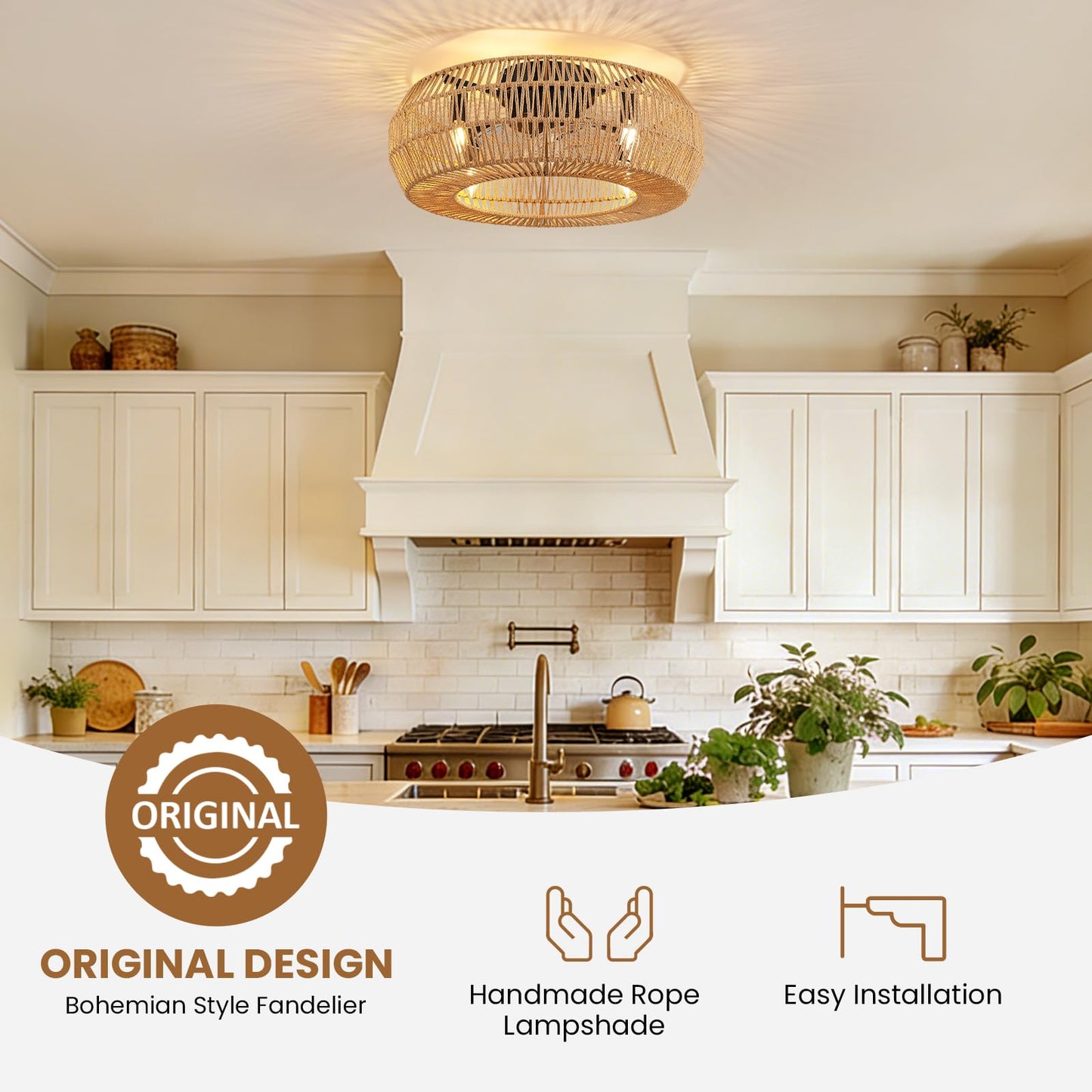 APBEAMLighting 24 Inch Boho Rattan Cage Ceiling Fan with Light Low Profile