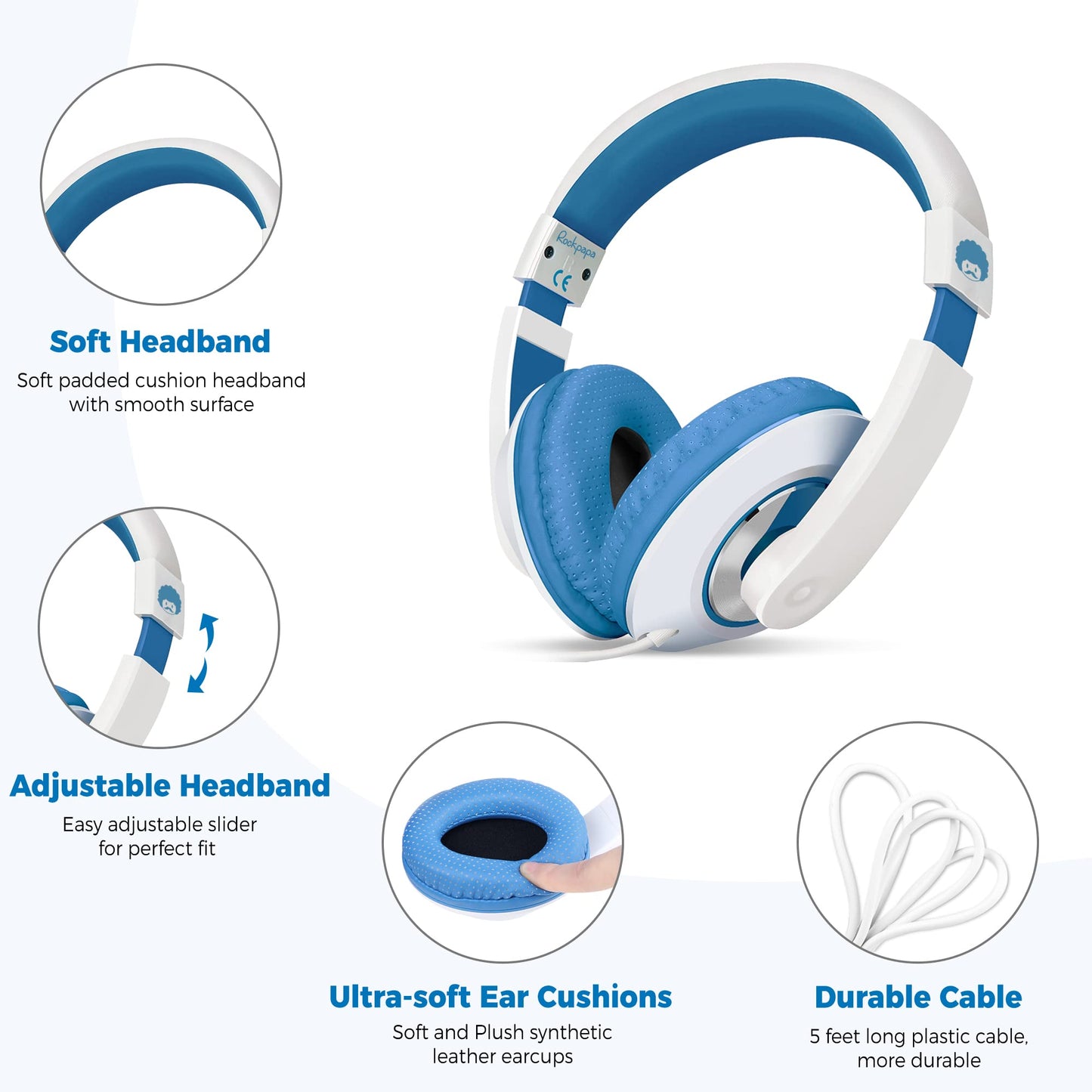 rockpapa Comfort Kids Headphones for School, Lightweight Childrens Boys Girls Teens Over-Ear Headphones Wired 3.5mm for CD DVD Player Tablet Phone…
