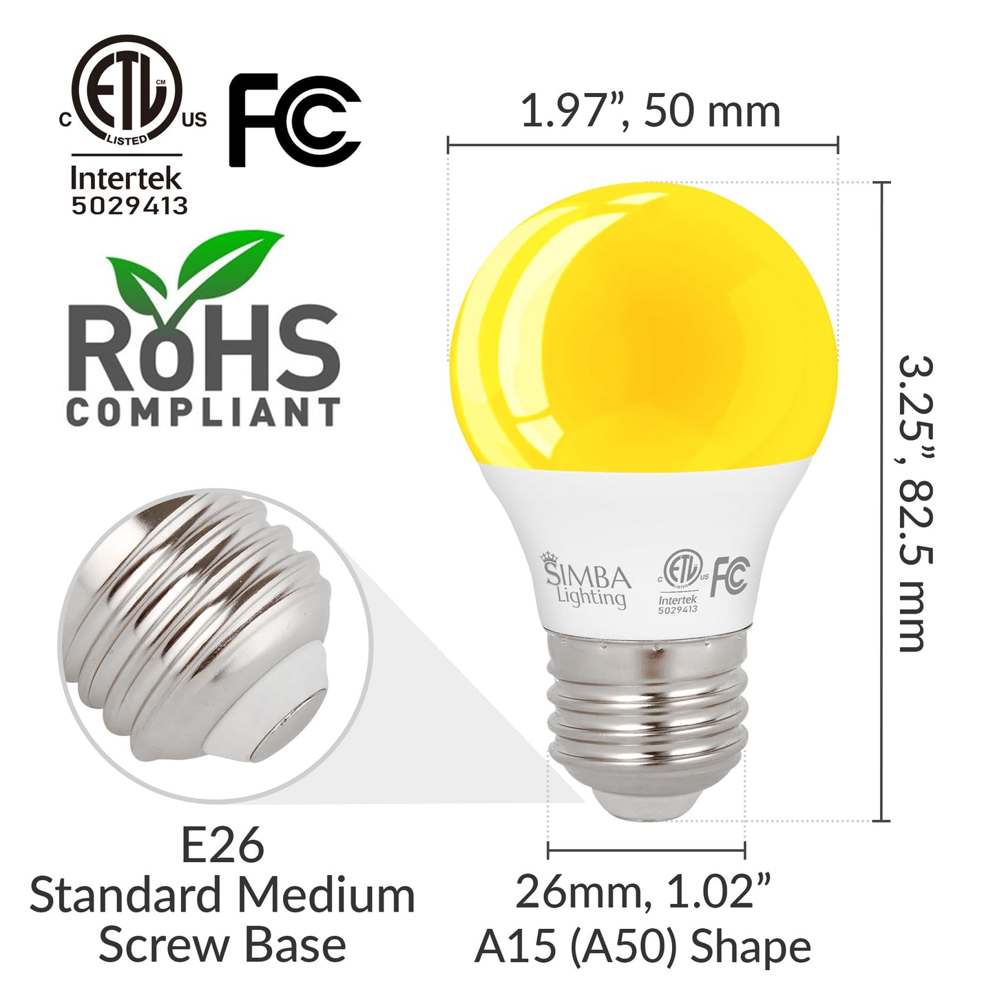 Simba Lighting LED Bug Non-Attracting A15 Yellow Bulb ETL Listed 5W, 4 Pack