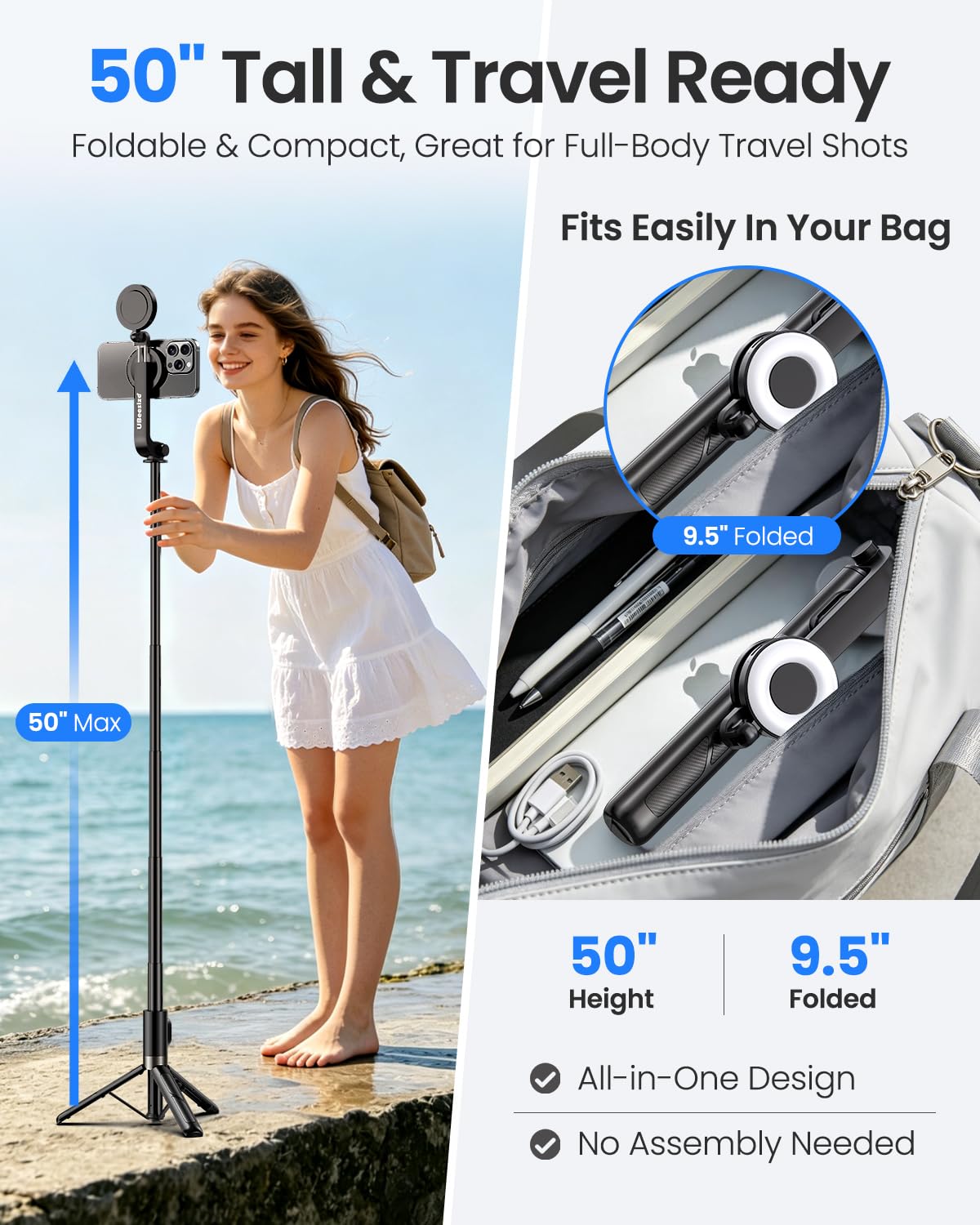 UBeesize Magnetic Selfie Stick Tripod with Dimmable Light and Rechargeable Remote, Portable Travel Phone Tripod Stand for MagSafe and Android Phones