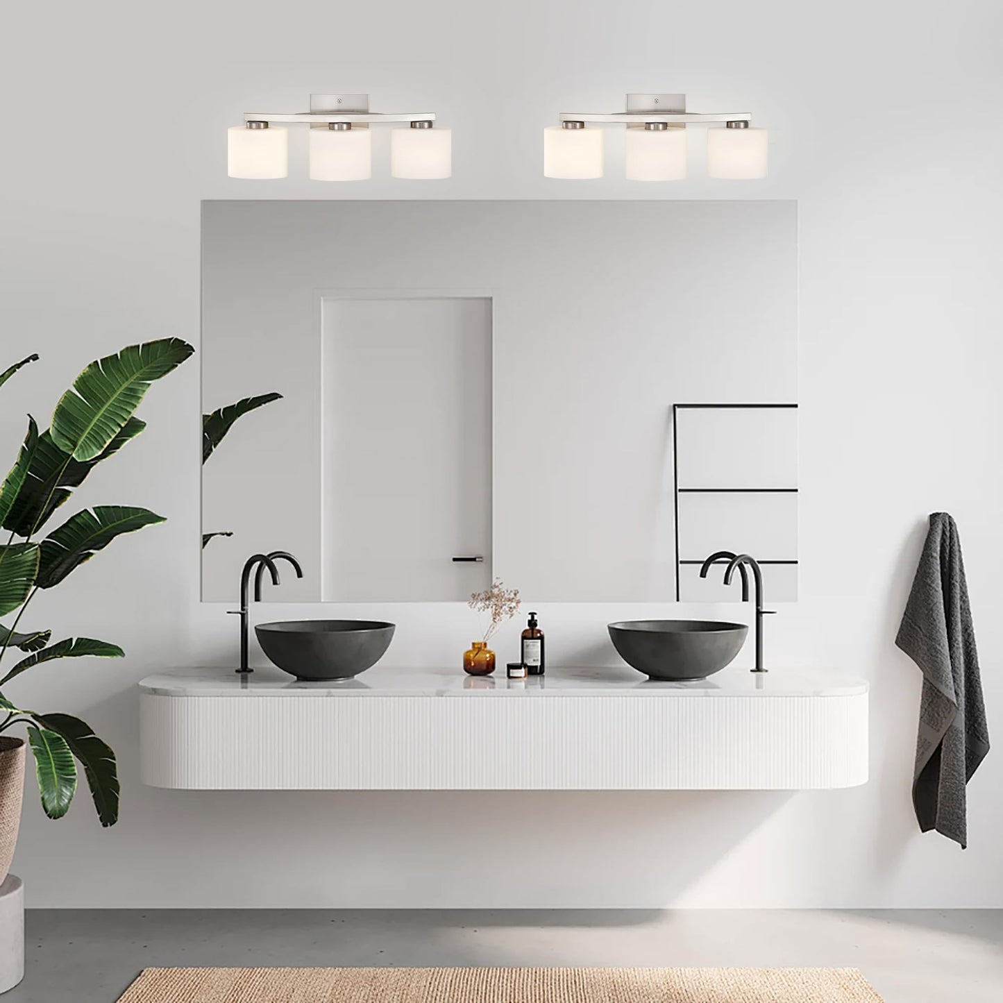 Edvivi Bathroom Light Fixtures, 3-Light Modern Brushed Nickel Vanity Light Over Mirror, Wall Sconces with Oval-Shaped White Glass Shades for Living