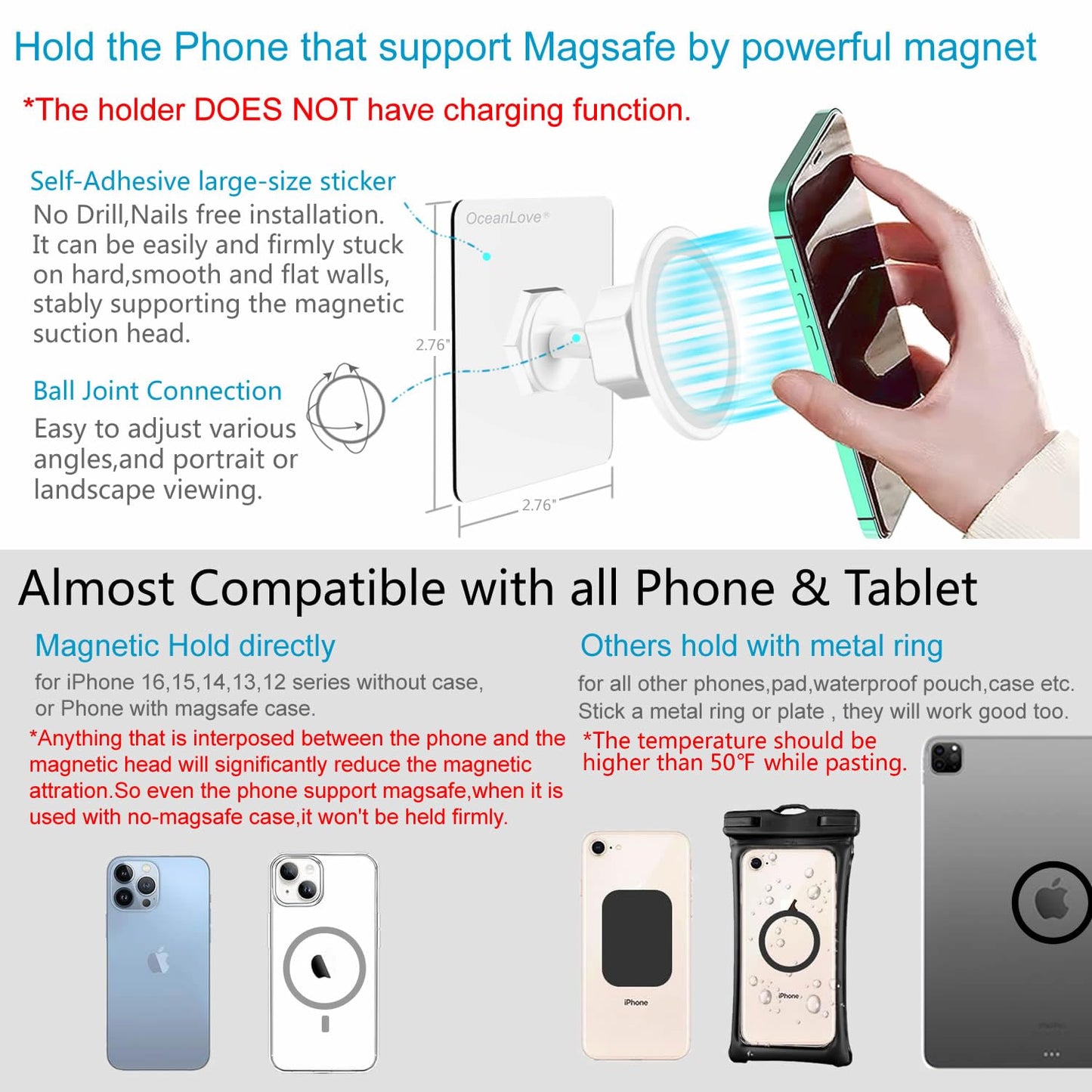 OCEANLOVE for MagSafe Wall Mount Magnetic Phone Holder, Self-Adhesive, 360 Rotatable, Waterproof, Compatible with iPhone 17/16/15/14/13/12,All Phones