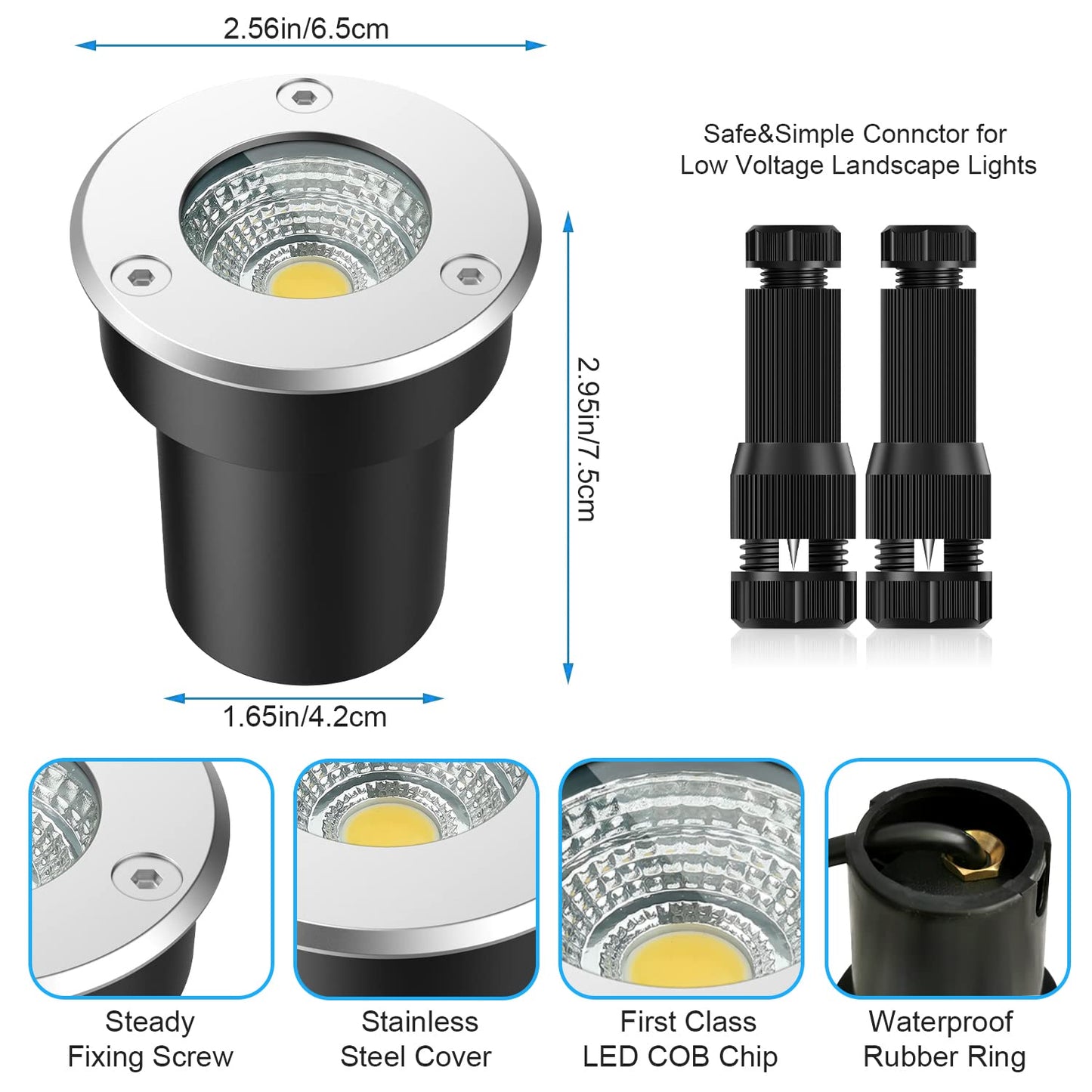 LEDVIE LED Landscape Lights, 12 Pack 7W Ground Lights With 24 Connectors, Low Voltage In-Ground Well Pathway Lighting, Daylight White, Waterproof