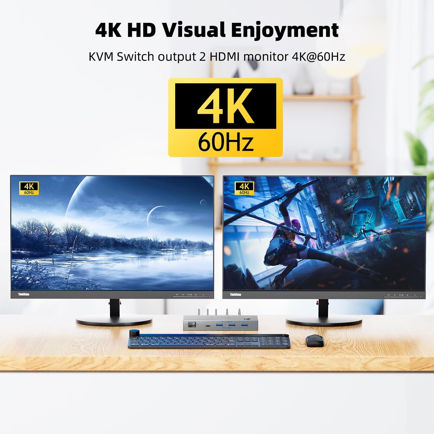 KCEVE KVM Switch 2 Monitors 2 Laptops USB C, KVM Switch Dual Monitor HDMI 4K@60Hz for 2 Laptops Share 4 USB 3.0 Devices with 80W PD, with 2 USB-C