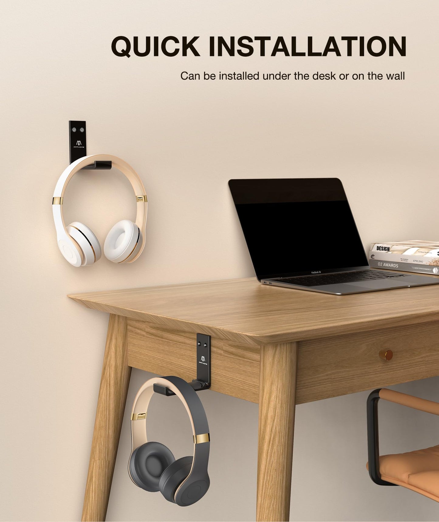 APPHOME Foldable Headphone Stand & Headset Holder Mount, No-Scratch Silicone Pad Wall Hook for Gaming Headset, Space-Saving Under Desk Hanger