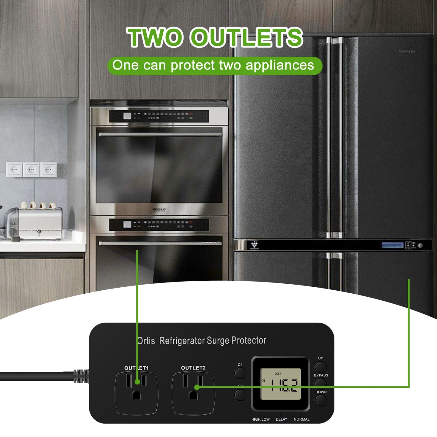 Refrigerator Surge Protector, Ortis Double Outlet Electronic Surge Protector for Home Appliances with Time Delay & Real-Time Electricity Usage